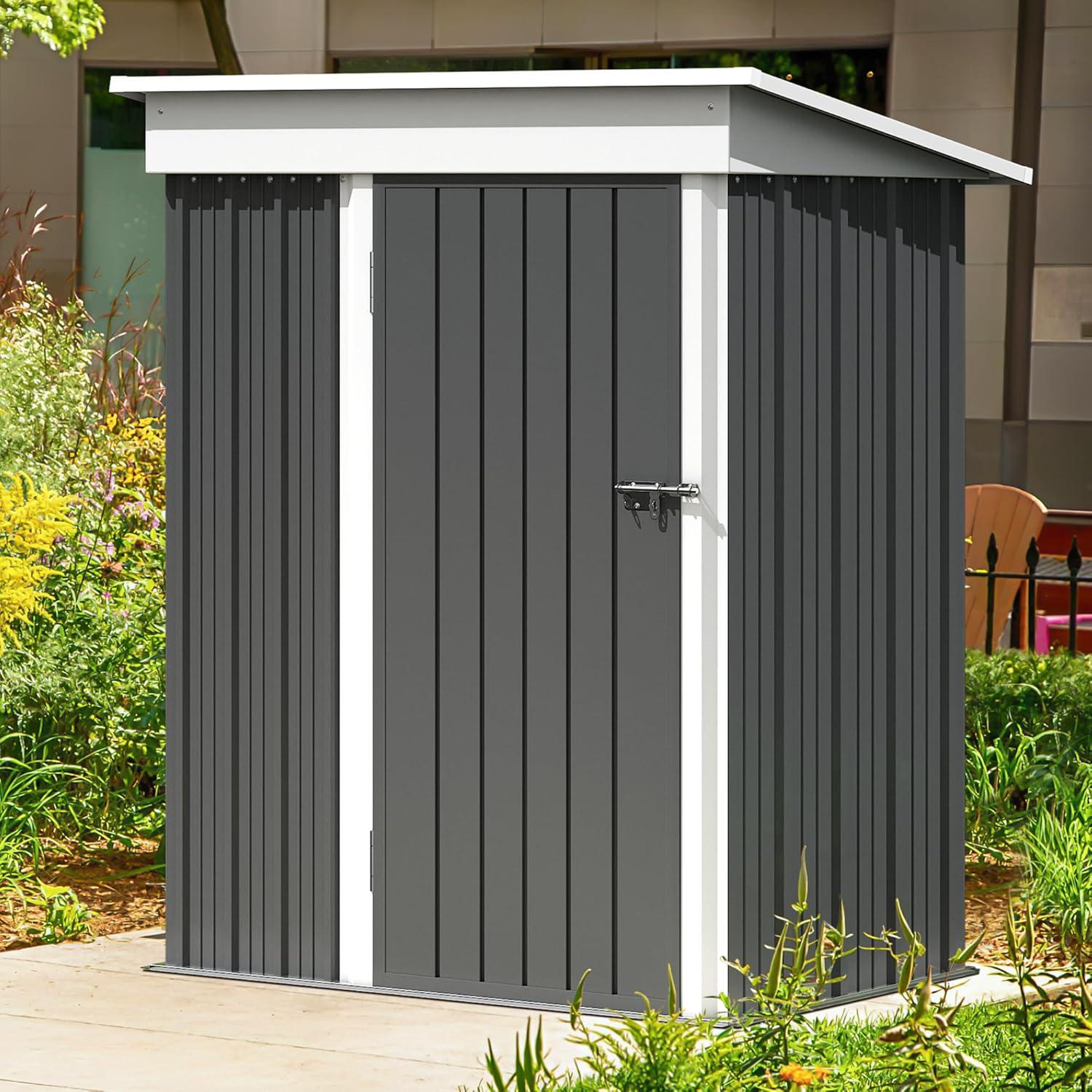 Gray and White Metal Outdoor Storage Shed with Lockable Door