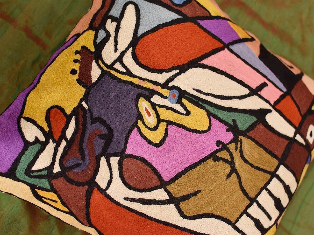 Hand Embroidered Abstract Multicolor Cotton Wool Pillow Cover 18x18