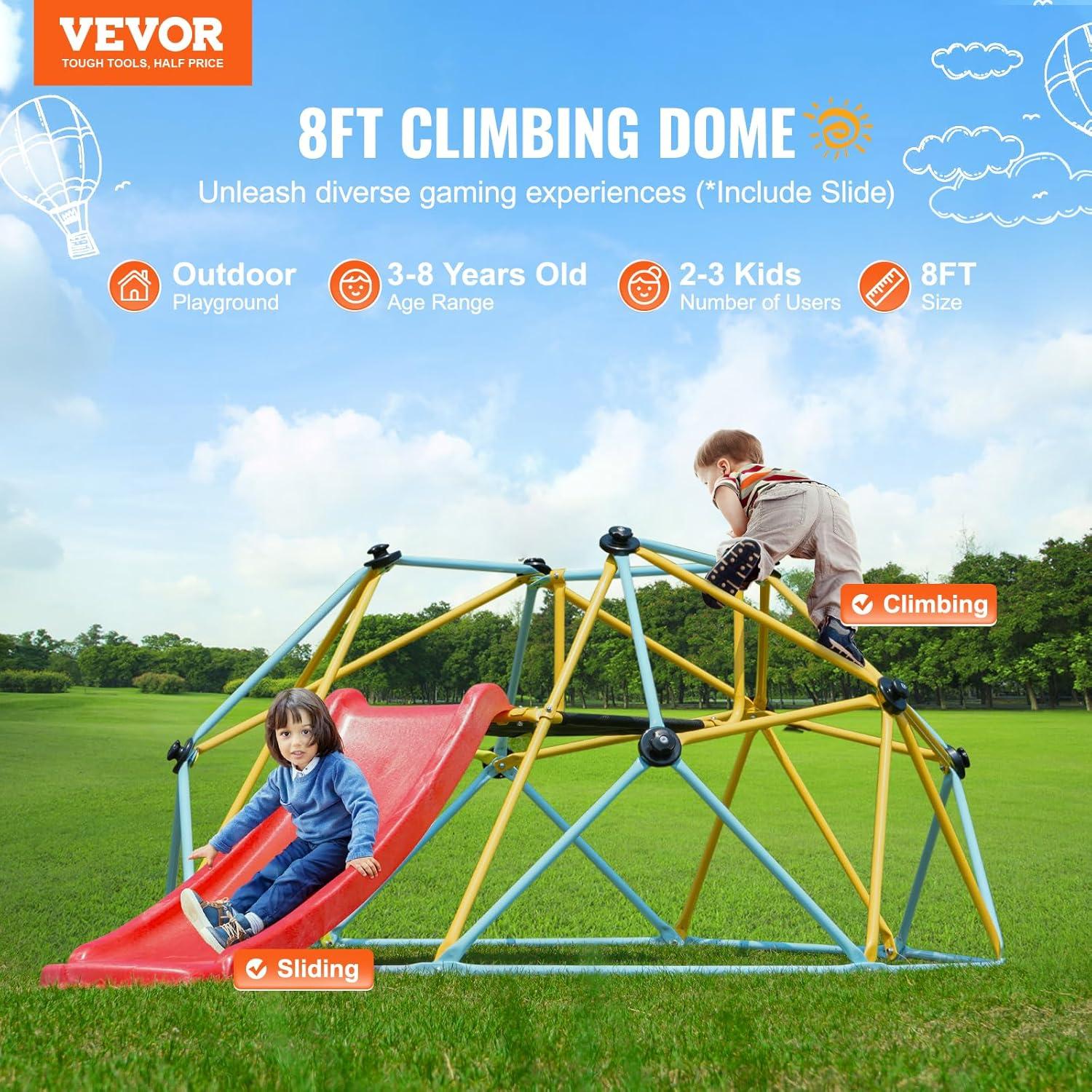 8FT Geometric Dome Climber with Red Slide and Steel Frame