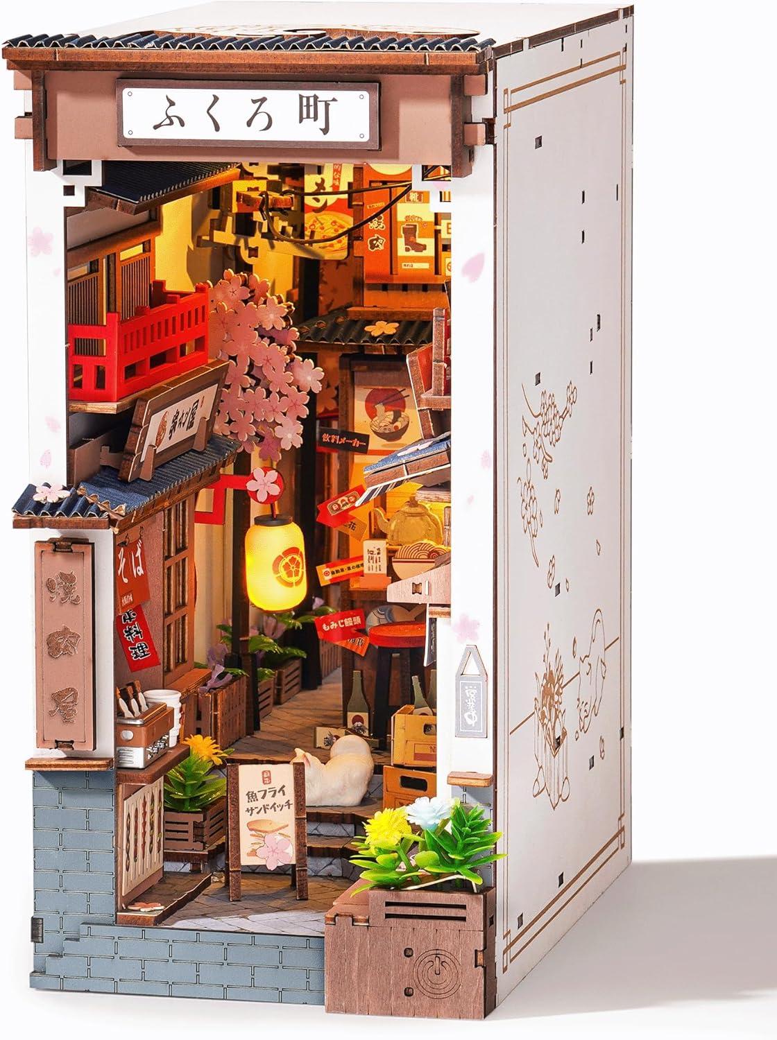 Rolife Book Nook 3D Jigsaw Puzzle Sakura Wine Alley Wooden Model Building Kit Decorative Bookend Stand DIY Bookshelf Insert Decor Gift for Teen Adults