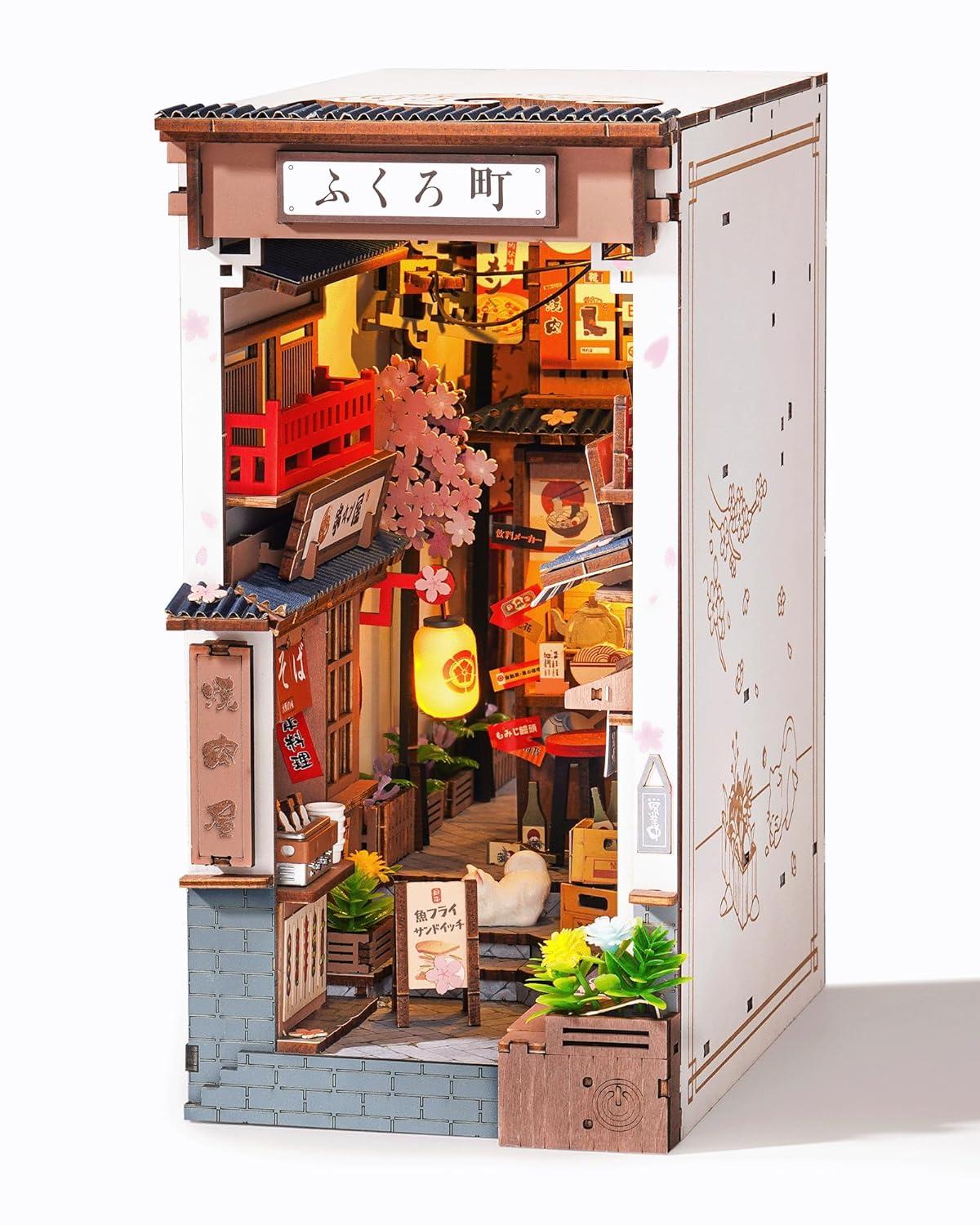 Rolife Book Nook 3D Jigsaw Puzzle Sakura Wine Alley Wooden Model Building Kit Decorative Bookend Stand DIY Bookshelf Insert Decor Gift for Teen Adults