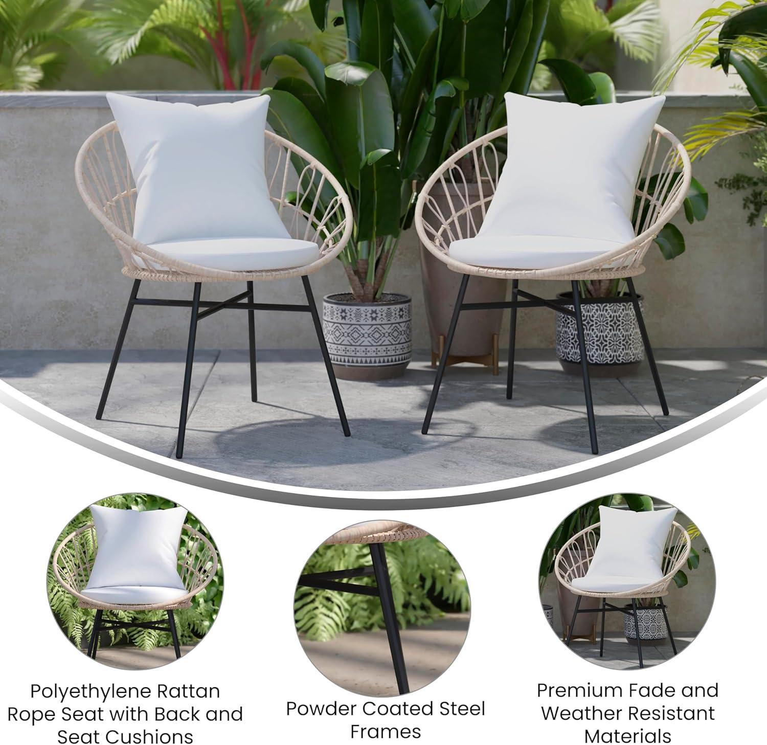 Flash Furniture Devon Set of 2 Indoor/Outdoor Modern Papasan Patio Chairs, Rope with Tan Finish PE Wicker Rattan and Light Gray Cushions