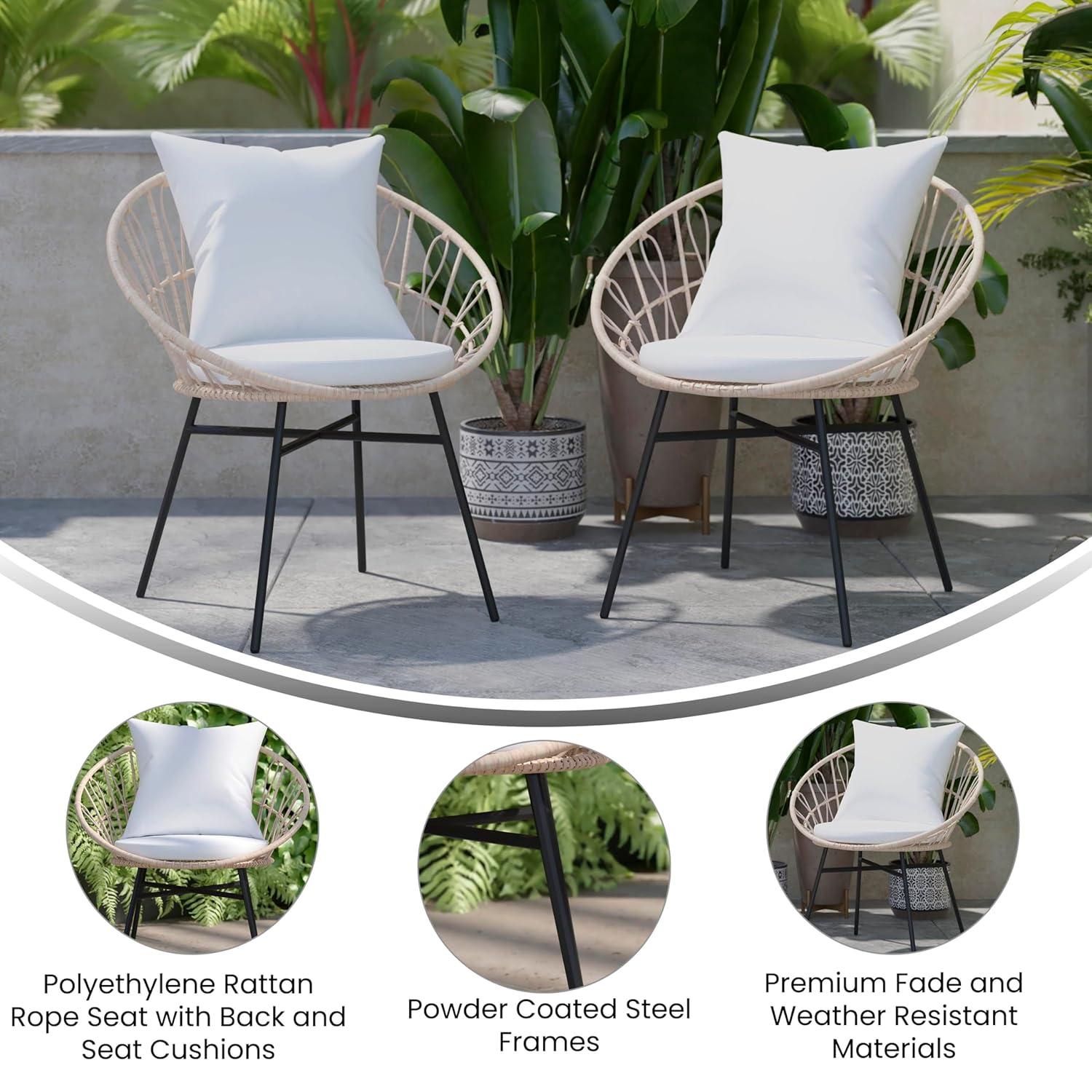 Flash Furniture Devon Set of 2 Indoor/Outdoor Modern Papasan Patio Chairs, Rope with Tan Finish PE Wicker Rattan and Light Gray Cushions