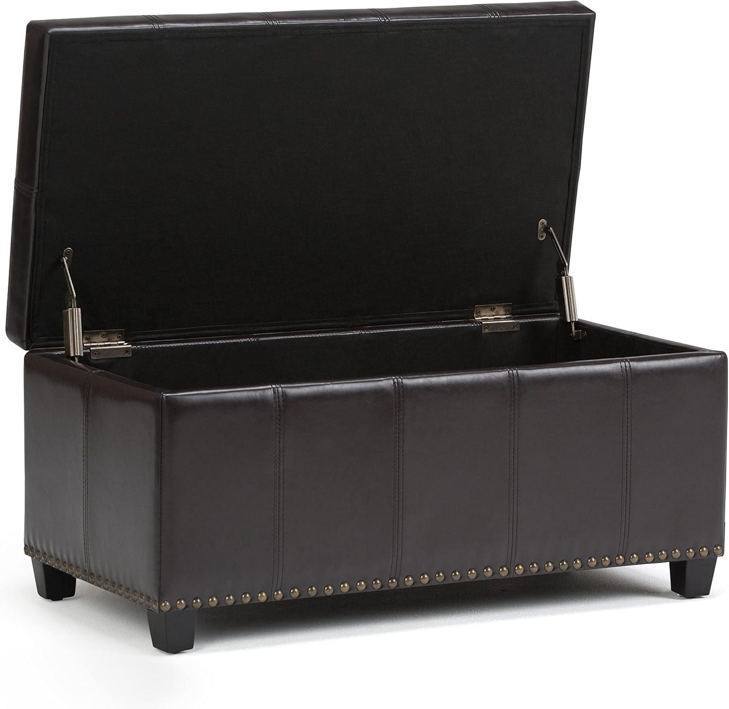 Simpli Home Amelia Storage Ottoman Bench In Tanners Brown Vegan Faux Leather