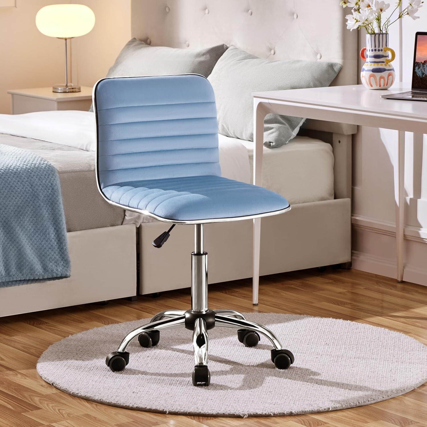 Yaheetech Velvet Low Back Armless Desk Chair Office Chair with Wheels, Blue