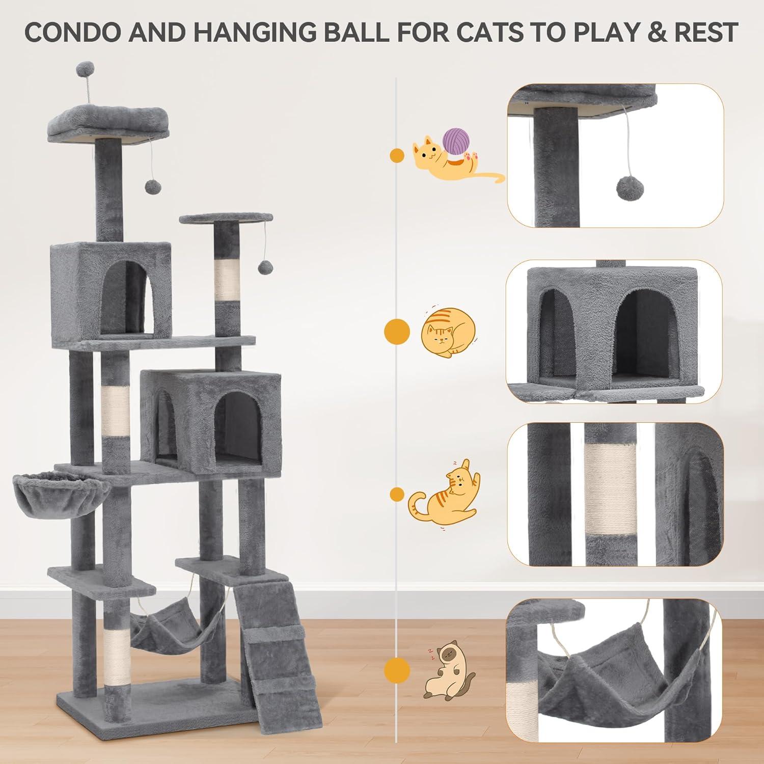 JTAOT 75in Tower Gray Wood Pet House Activity Center Indoor Scratching Posts