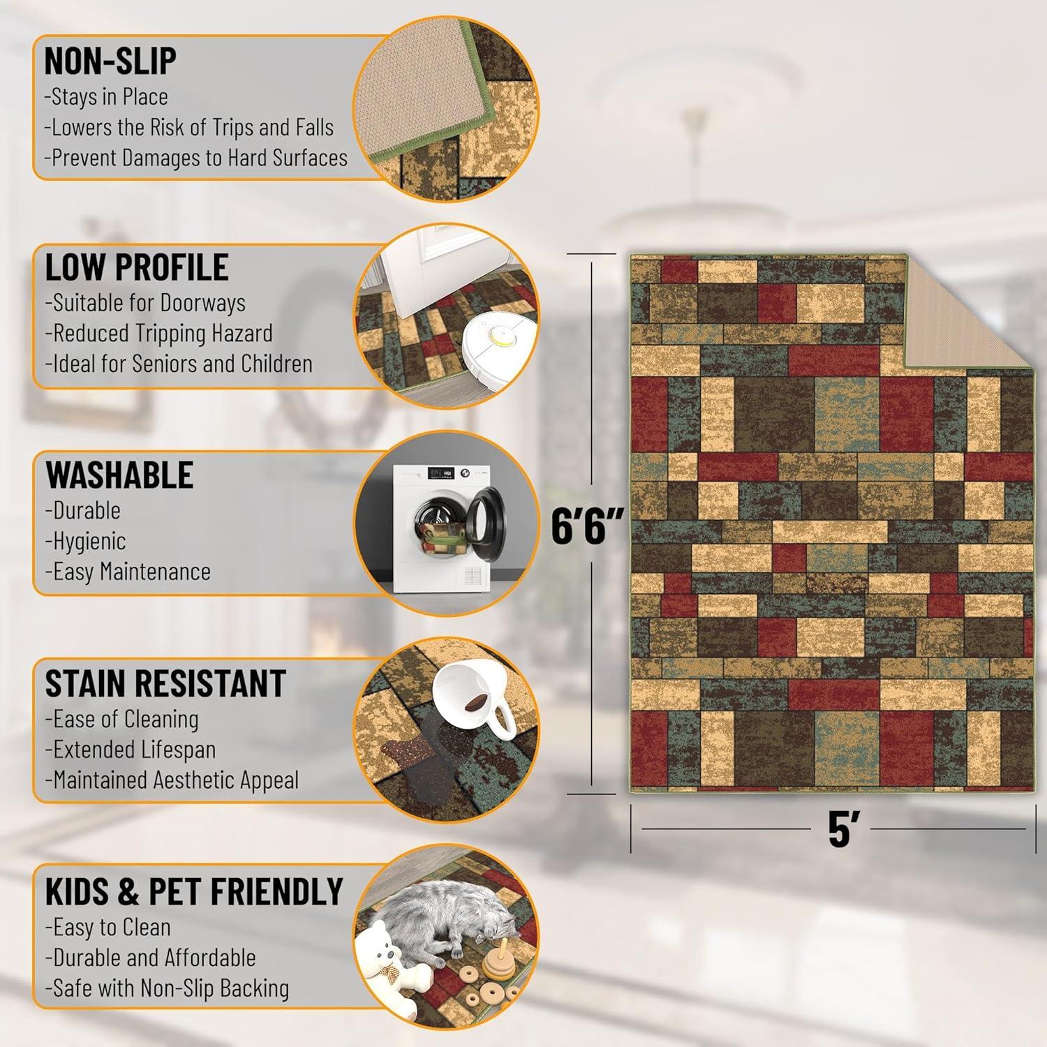 Ottohome  Machine Washable Non-Slip Boxes Area Rug For Living Room, Hallway Runner, Entryway Rug