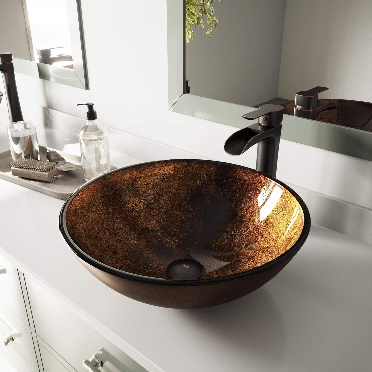 VIGO Giovanni Russet Brown Glass 17 in. L x 17 in. W x 6 in. H Round Vessel Bathroom Sink