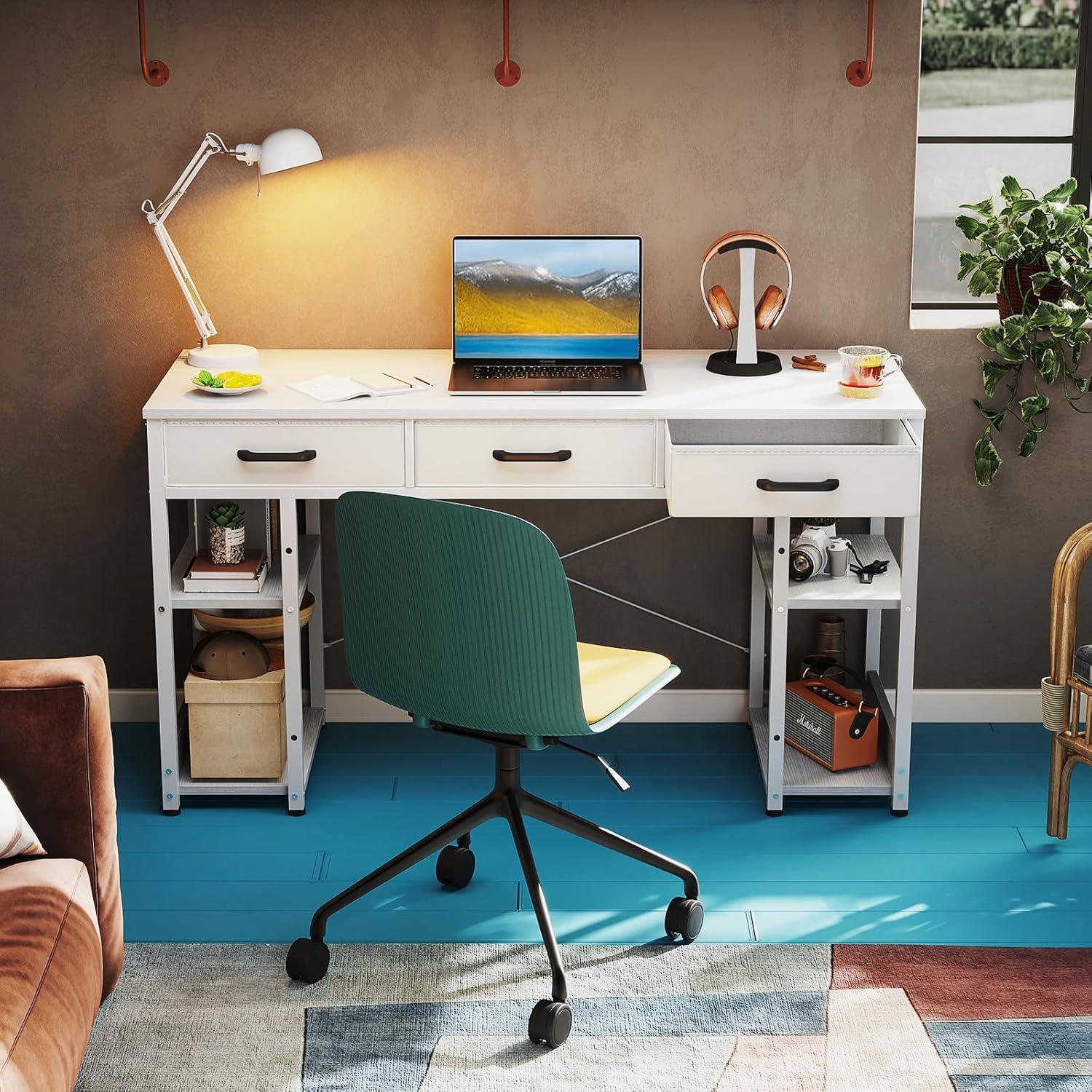 ODK Office Small Computer Desk: Home Table with Fabric Drawers & Storage Shelves, Modern Writing Desk, White, 48"x16"
