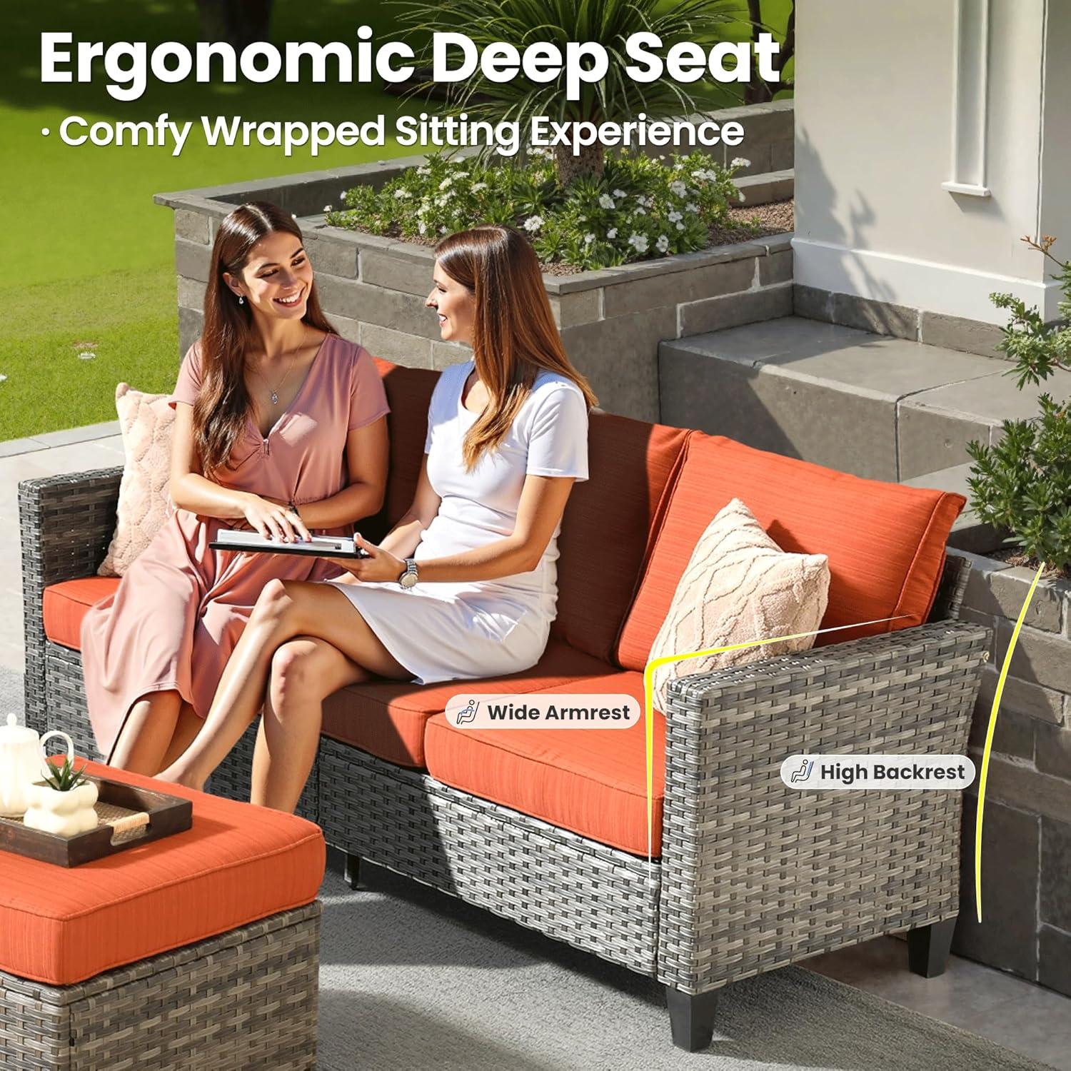 OVIOS  8-piece Rattan Wicker Patio Furniture Set Swivel Rocking Chair Set Red/Orange