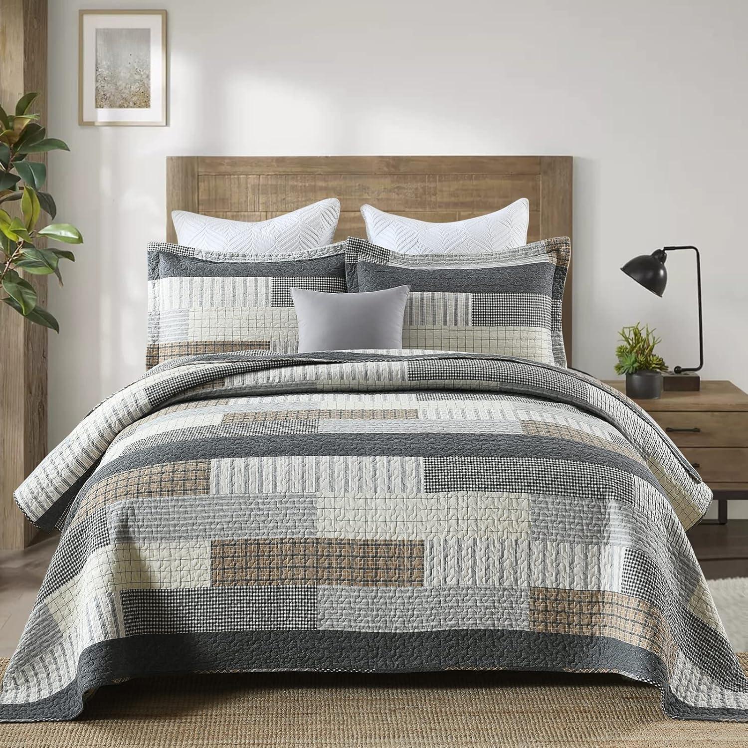 King Size Grey Tan Black Cotton Patchwork Quilt Set