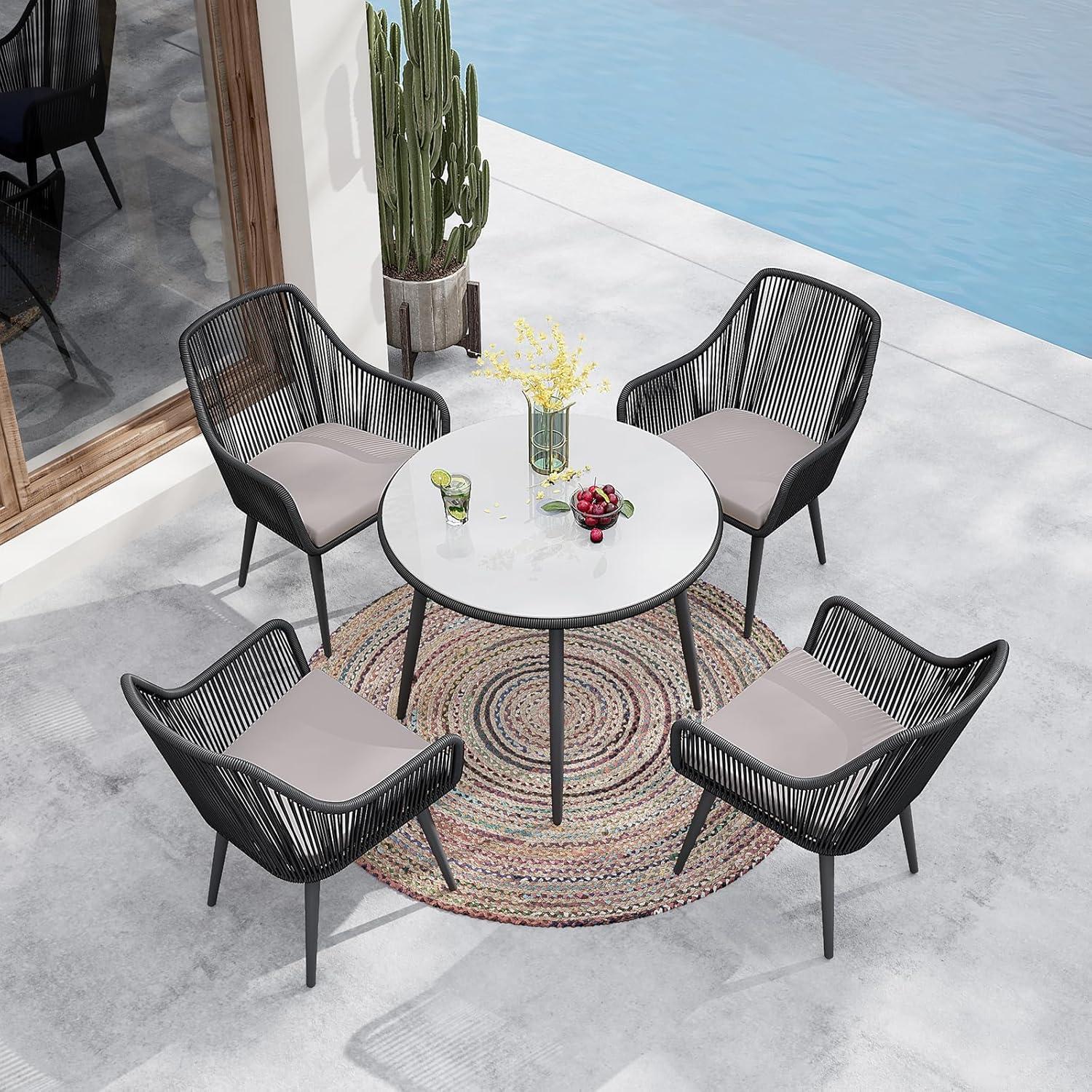 Black Wicker and Metal Outdoor Dining Chairs with Cushions, Set of 2