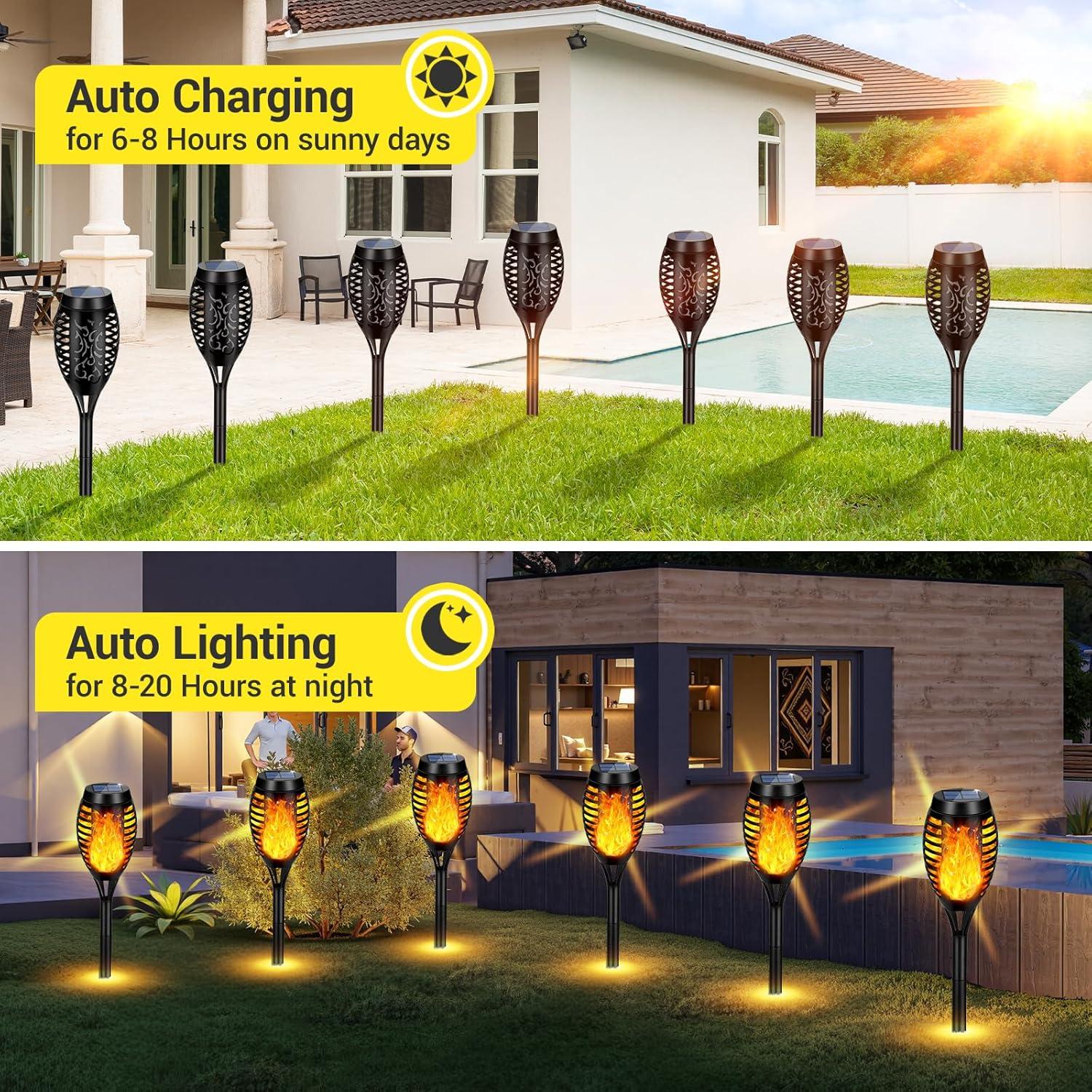 Black Solar LED Tiki Torches with Flickering Flame, 4-Pack
