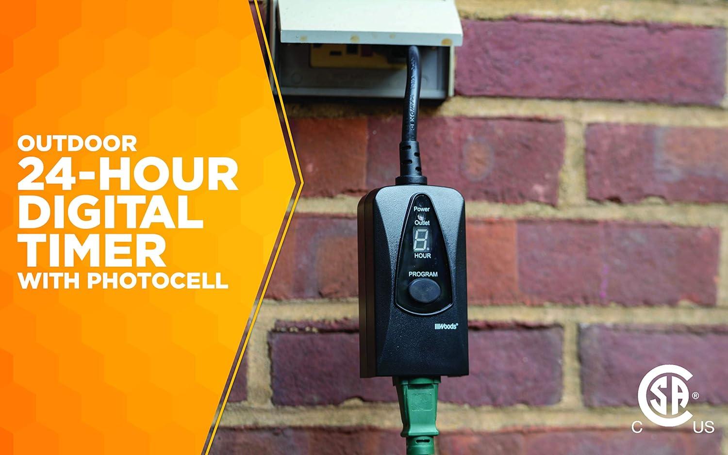 Woods 50013WD 24-Hour Dusk to Dawn Lighting Timer with Photocell and Digital Display