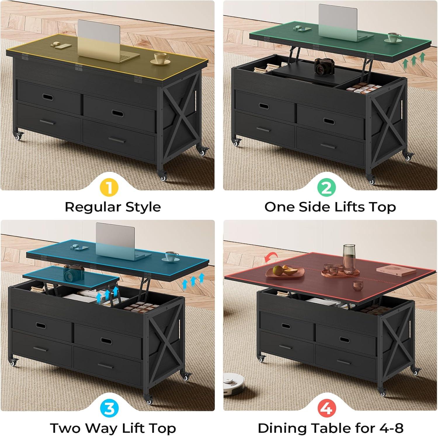 Black Square Lift-Top Coffee Table with Storage and Power Outlet