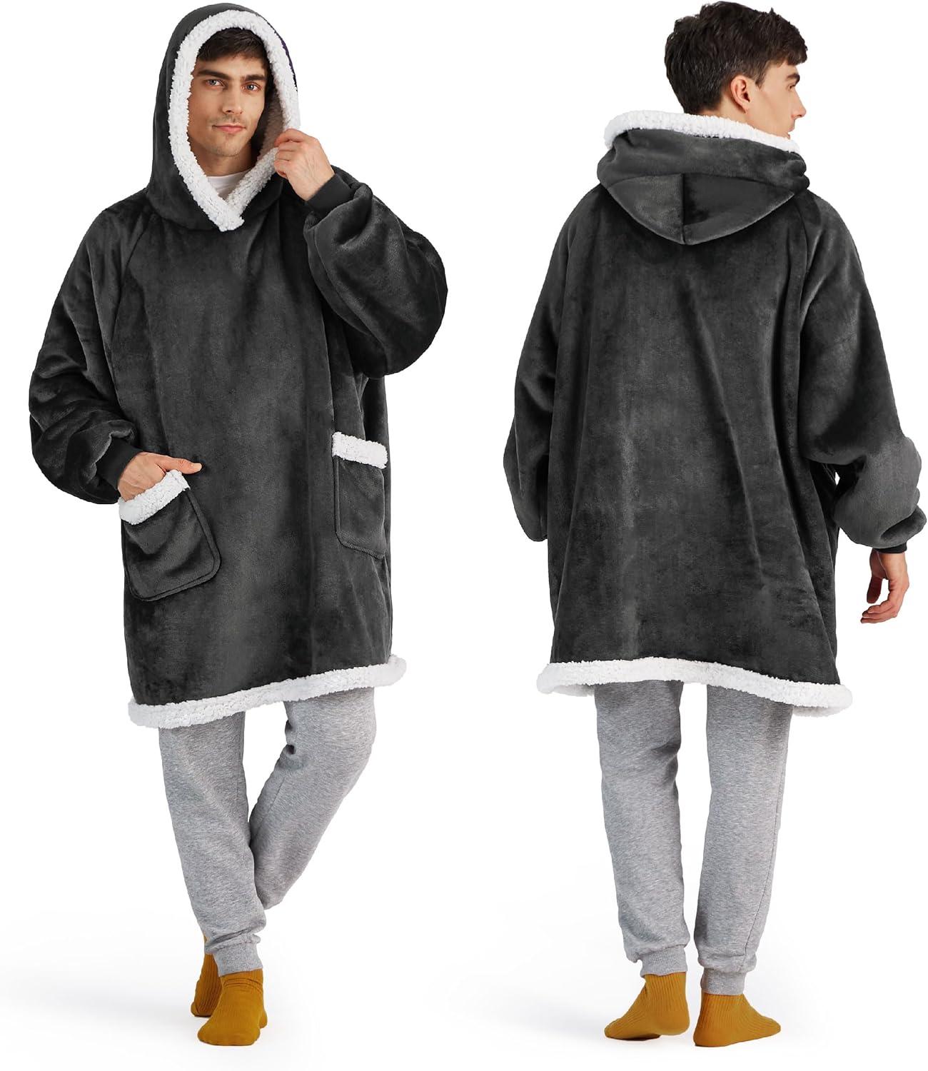 Bedsure Blanket Hoodie, Wearable Blanket for Adults & Kids as Gifts for Women Men, Birthday Gifts for Women Mom Girl Sherpa Oversized Hoodie, Black, Standard