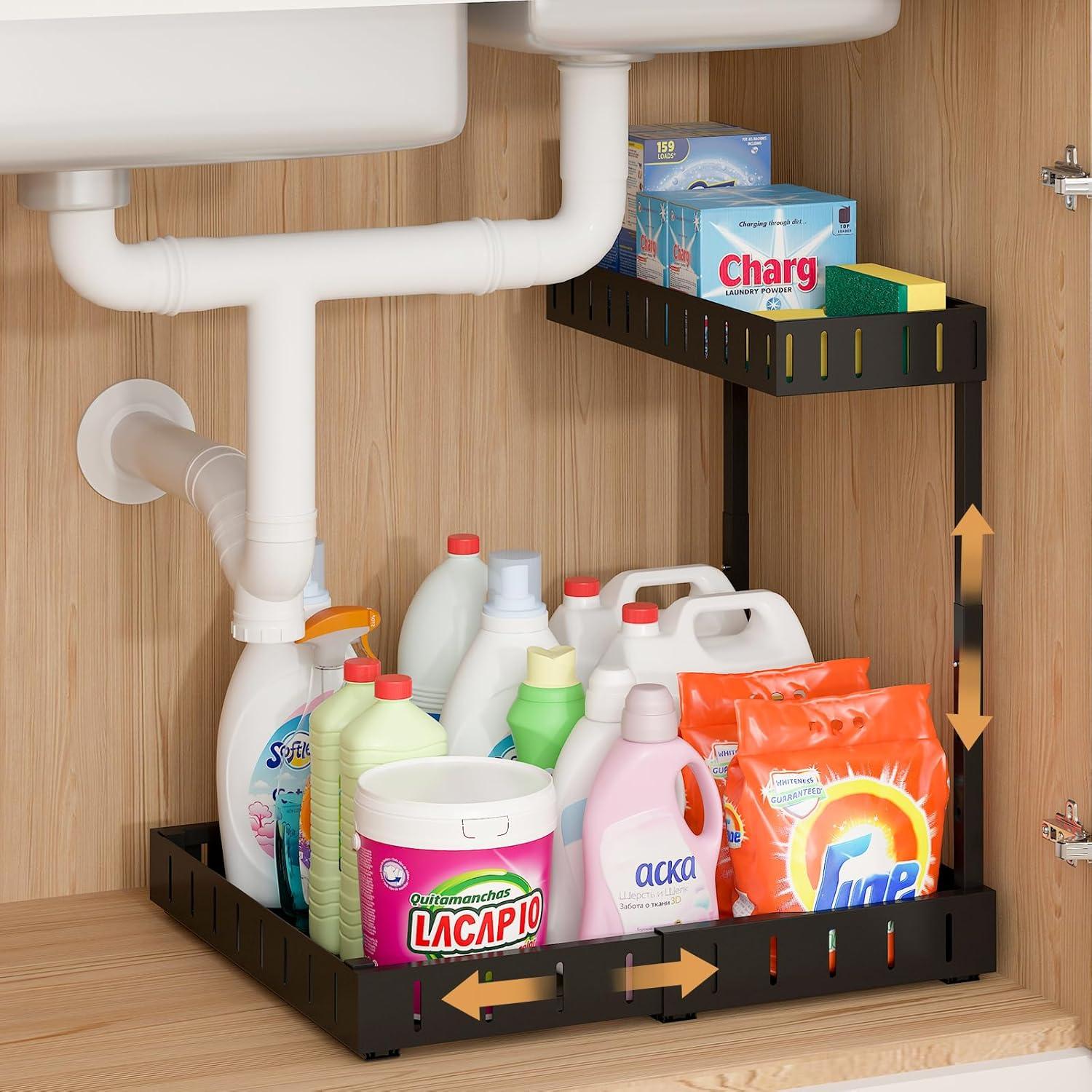Rebrilliant Under Sink Organizer, 2 Tier Expandable Under Cabinet Organizer, Heights Adjustable Pull Out Storage For Kitchen Bathroom Laundry, Black, 1 Pack