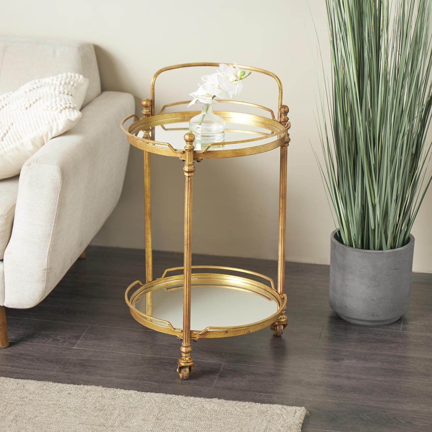 Traditional Iron and Mirrored Bar Cart Brass - Olivia & May: Round Frame, 2-Tier, Wine Storage, Indoor Use