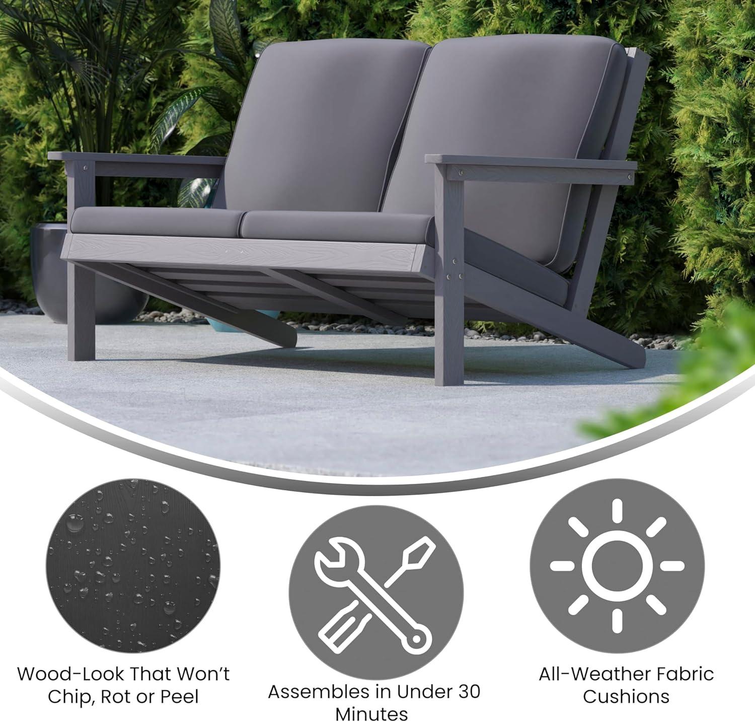 Flash Furniture Charlestown All-Weather Poly Resin Wood Adirondack Style Deep Seat Patio Loveseat with Cushions, Gray/Gray