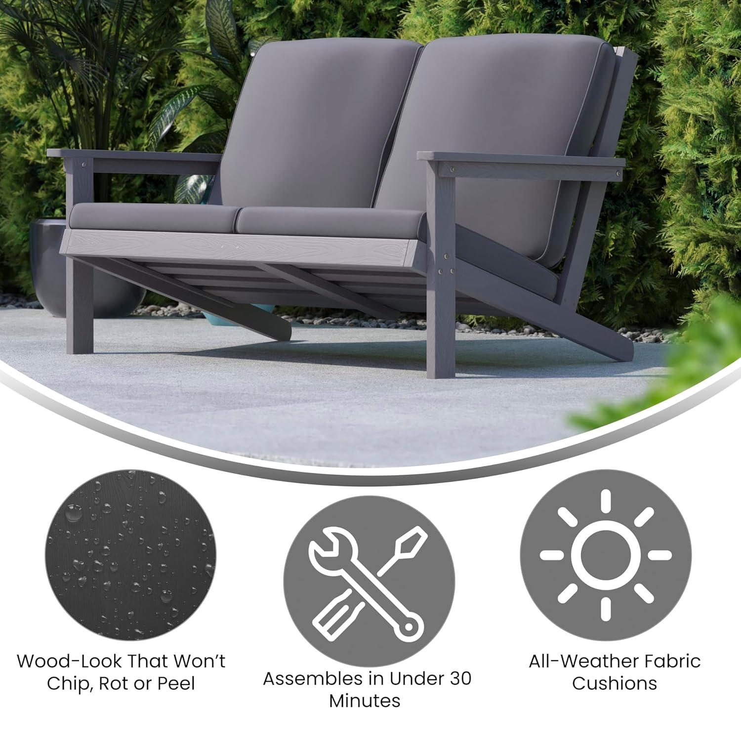 Flash Furniture Charlestown All-Weather Poly Resin Wood Adirondack Style Deep Seat Patio Loveseat with Cushions, Gray/Gray