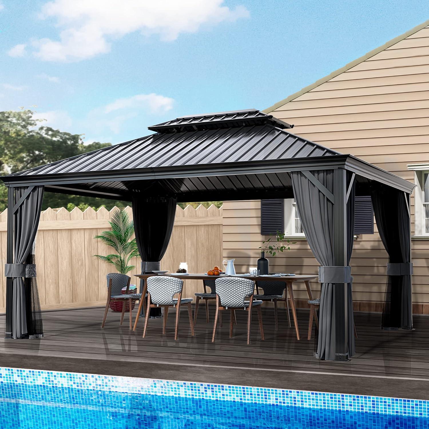 Kozyard Kozyard Alexander Gray Double Roof Hardtop Gazebo with Privacy Curtain Mosquito Netting