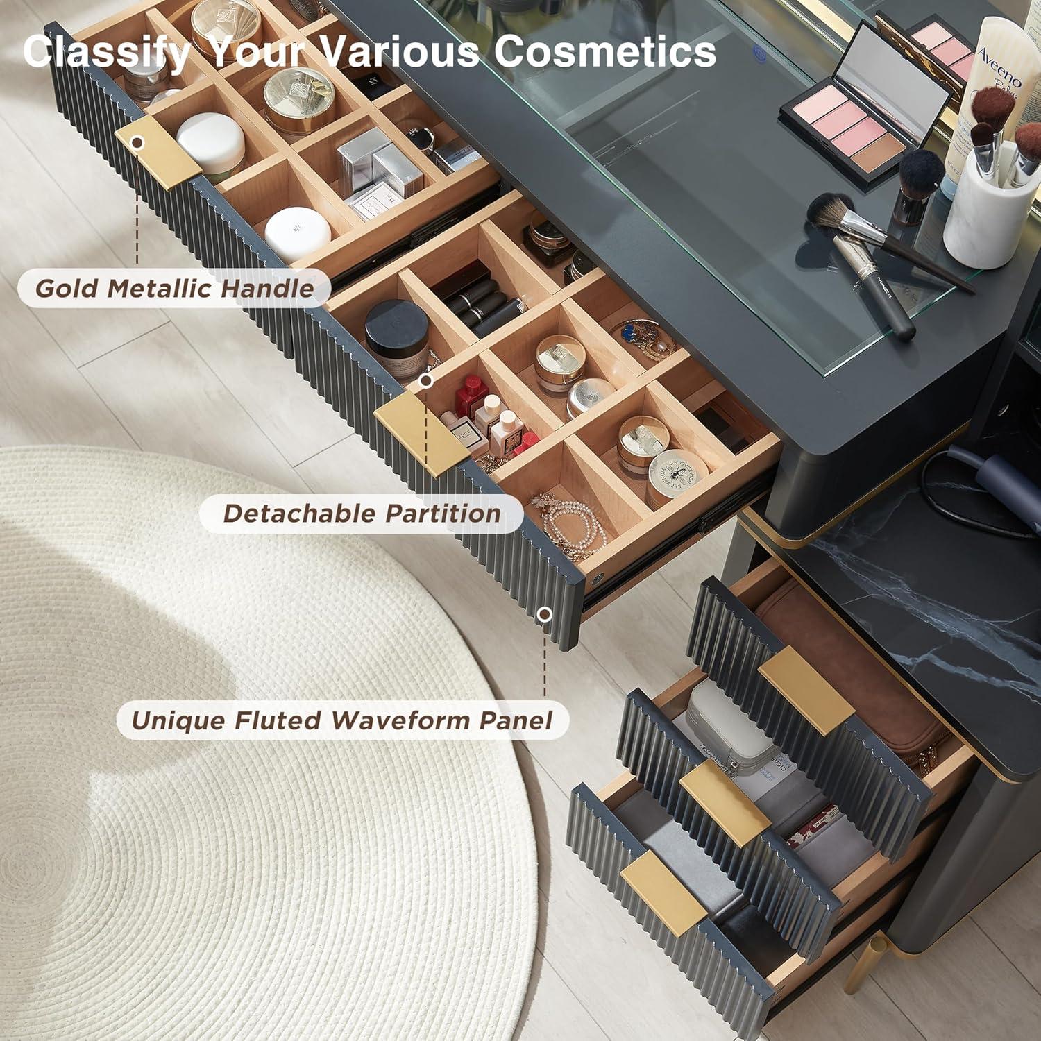 Fluted Makeup Vanity Tables with 36" HD Lighted Mirror, 48" Big Modern Vanity Desk with Glass Top & 5 Drawers & Shelves, Dressing Table, Dark Gray