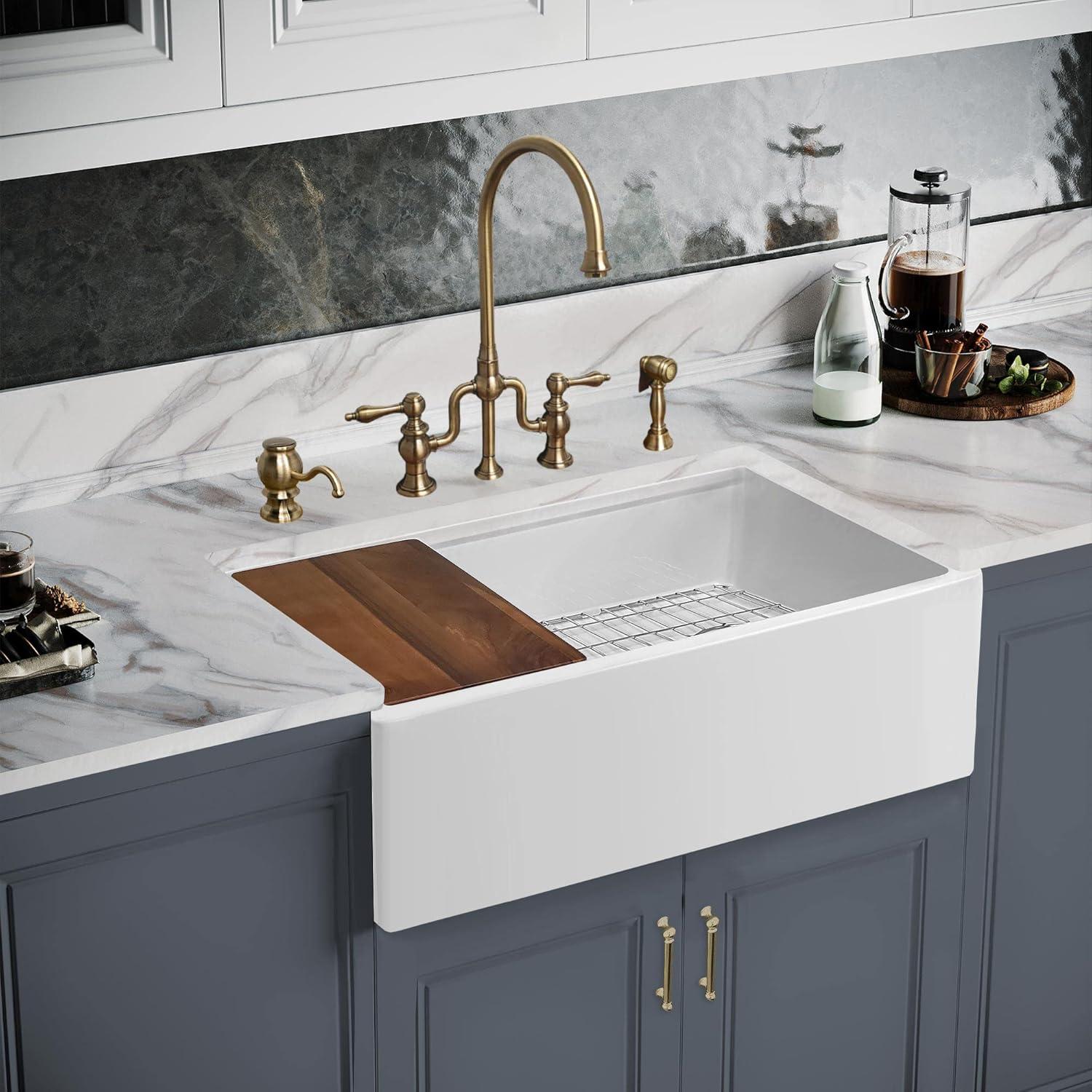 Whitehaus Collection Front Apron Single Bowl Fireclay Kitchen Sinks with Cutting Board and Grid