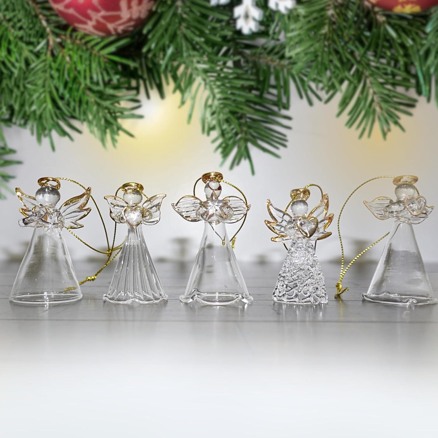 Set of 12 Clear Glass Angel Christmas Ornaments with Gold Accents