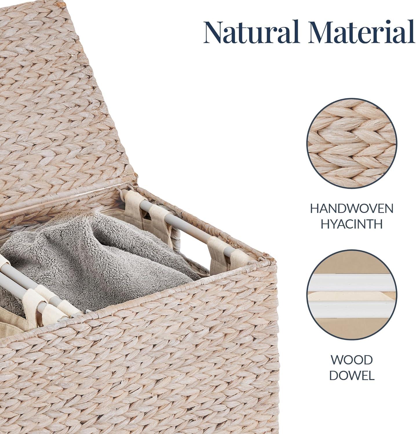 Best Choice Products Large Natural Water Hyacinth Double Laundry Hamper Basket w/ 2 Liner Bags, Handles - White