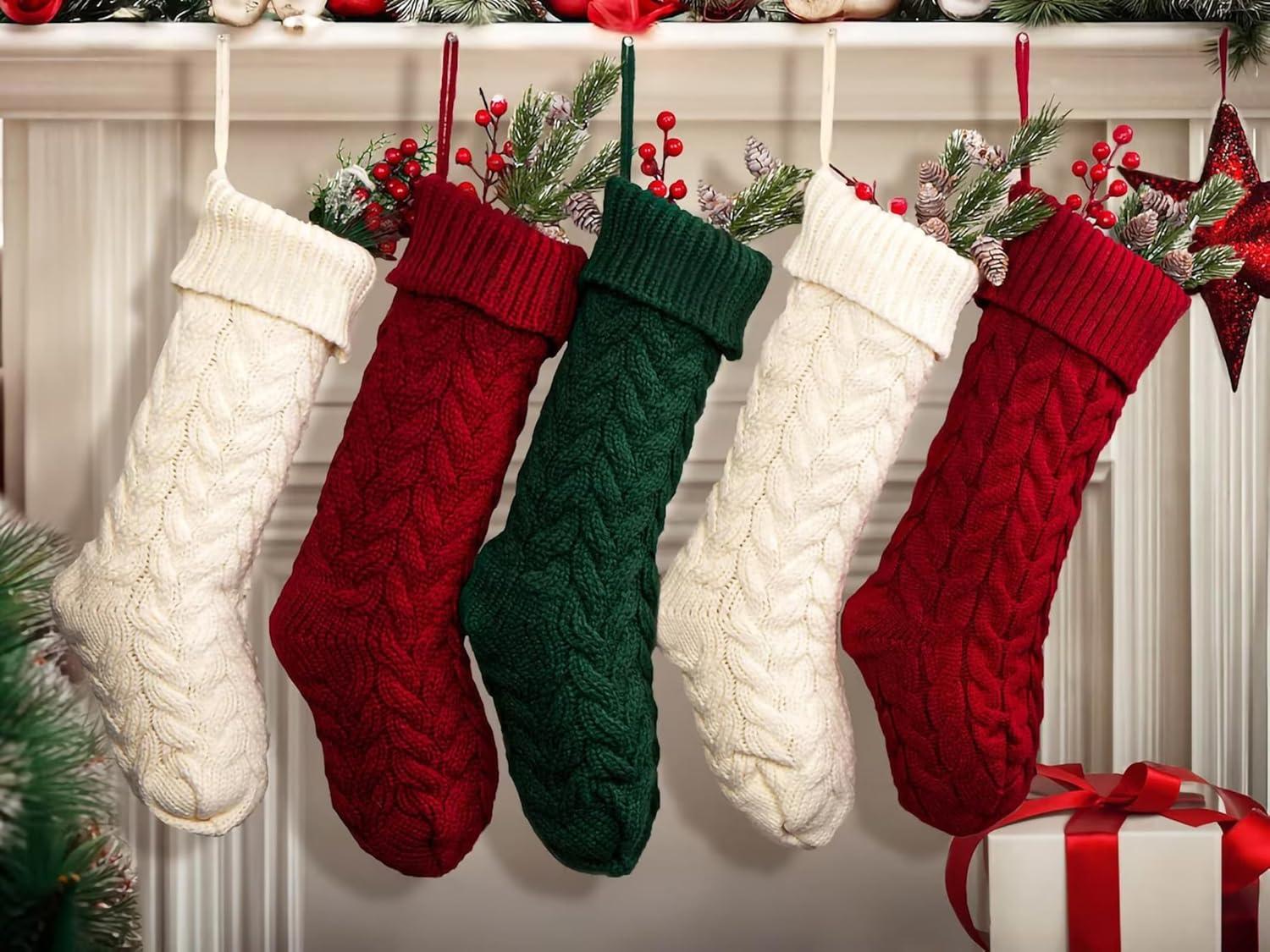 Pack 6, 18" Ivory Cable Knitted Christmas Stockings for Family Holiday Xmas Party Decor