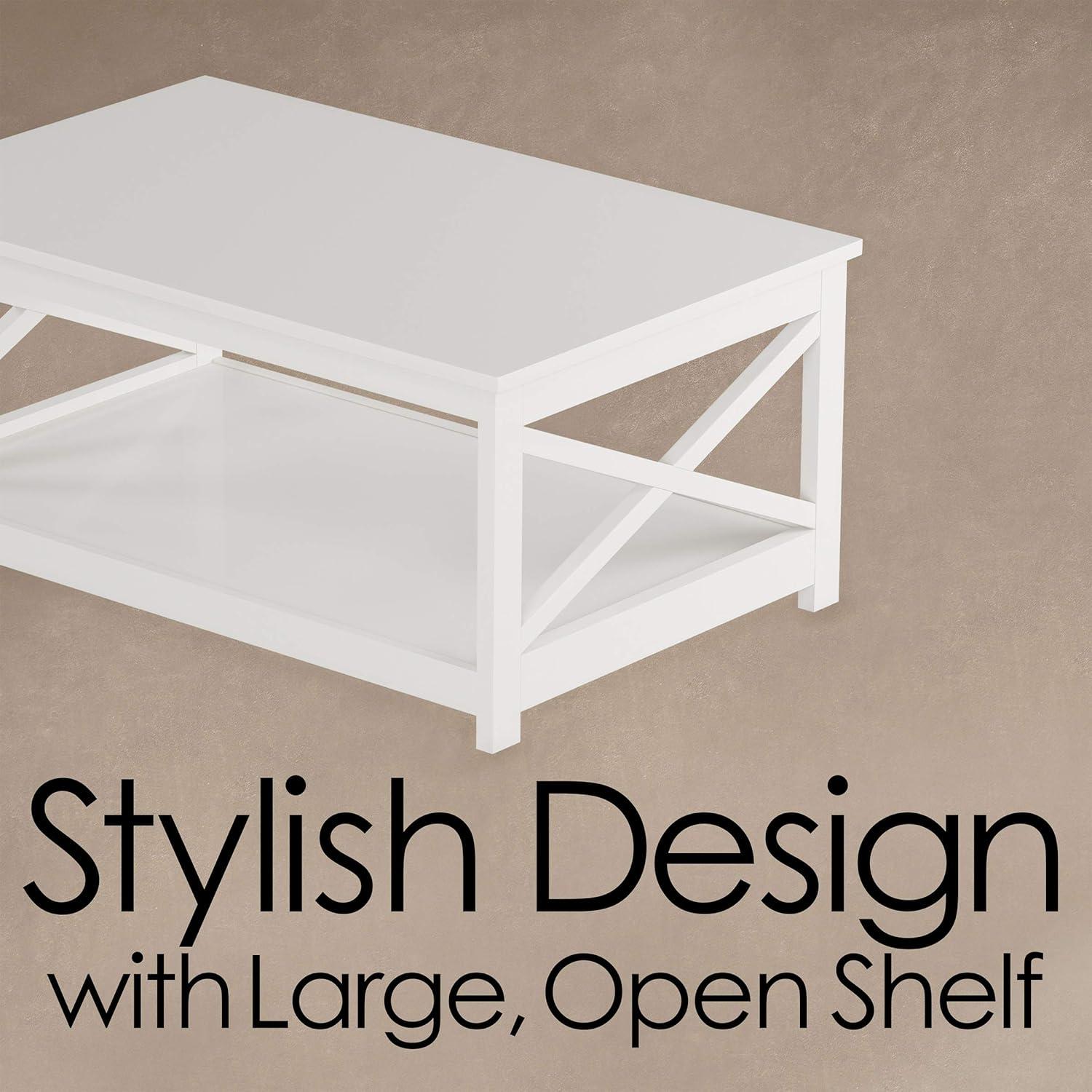 White MDF Rectangular 2-Tier Coffee Table with X-Leg Design