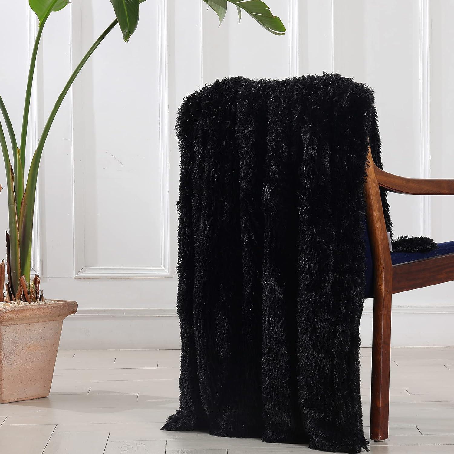 Tuddrom Decorative Extra Soft Faux Fur Throw Blanket 50" x 60",Reversible Fuzzy Long Hair Shaggy Throw Blankets, Fluffy Cozy Plush Fleece Comfy Microfiber Fur Blanket for Couch Sofa Bed, Black