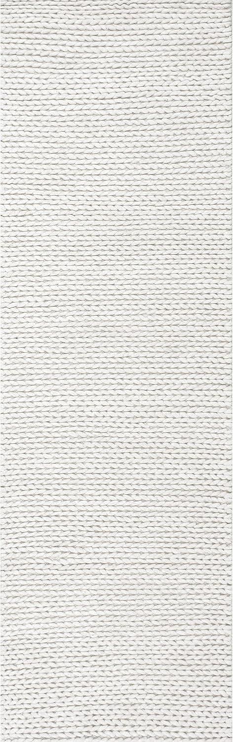 Off-White Braided Wool Handmade Area Rug, 2.5x10 ft