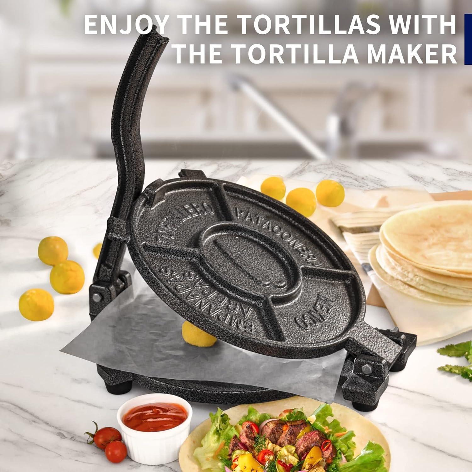 ARC Tortilla Press 10" with 100 Pcs Parchment Paper, Cast Iron Tortilla Maker, Black Gray