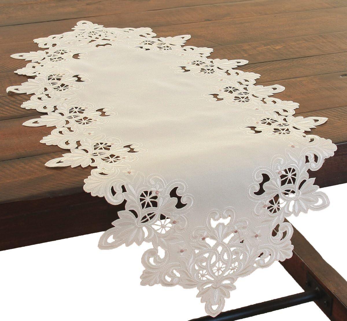 Ivory Embroidered Cutwork Lace Table Runner, 16 x 34 Inch