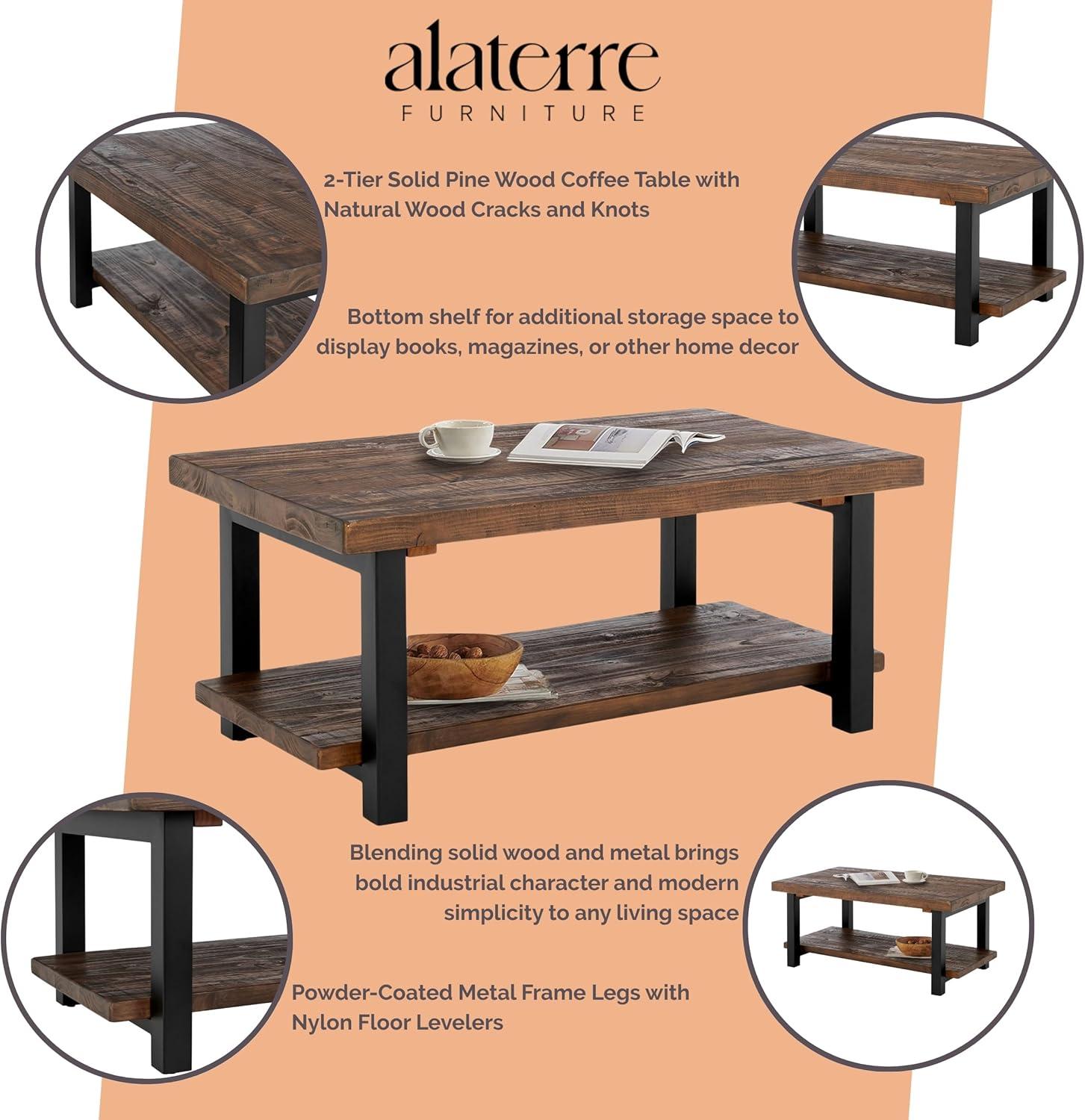 Alaterre Furniture 42" Pomona Wide Coffee Table Wood Rustic Natural: Fixed Shelf, Metal Frame, Living Room Furniture
