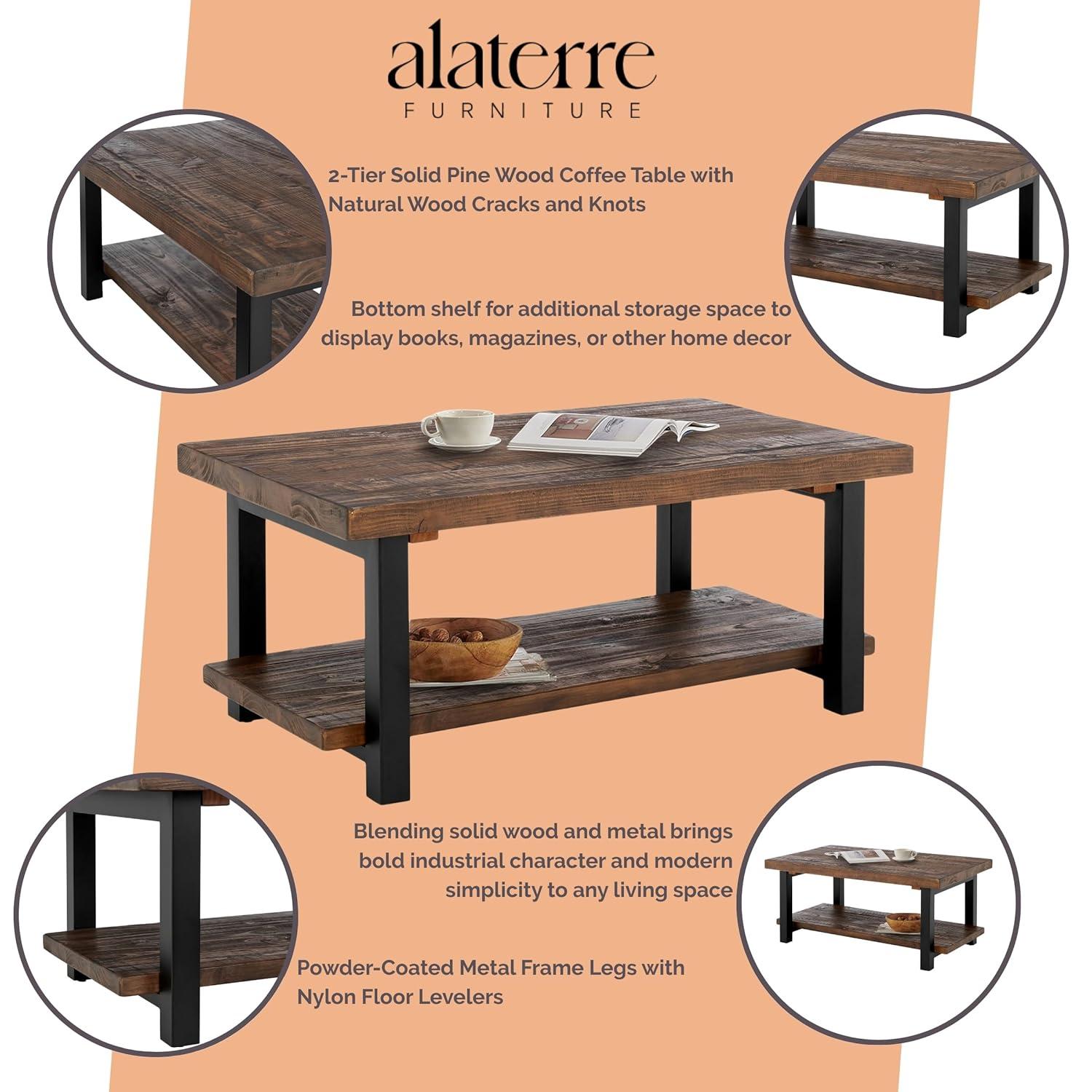 Alaterre Furniture 42" Pomona Wide Coffee Table Wood Rustic Natural: Fixed Shelf, Metal Frame, Living Room Furniture