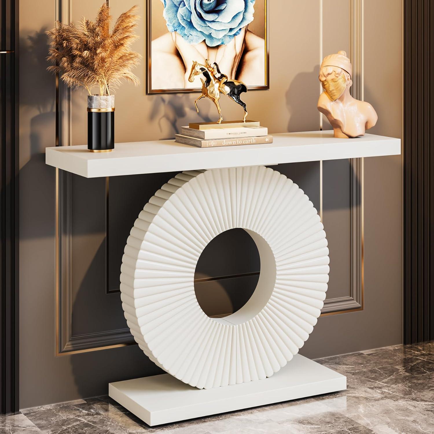 White 40-Inch Wood Console Table with Geometric Base