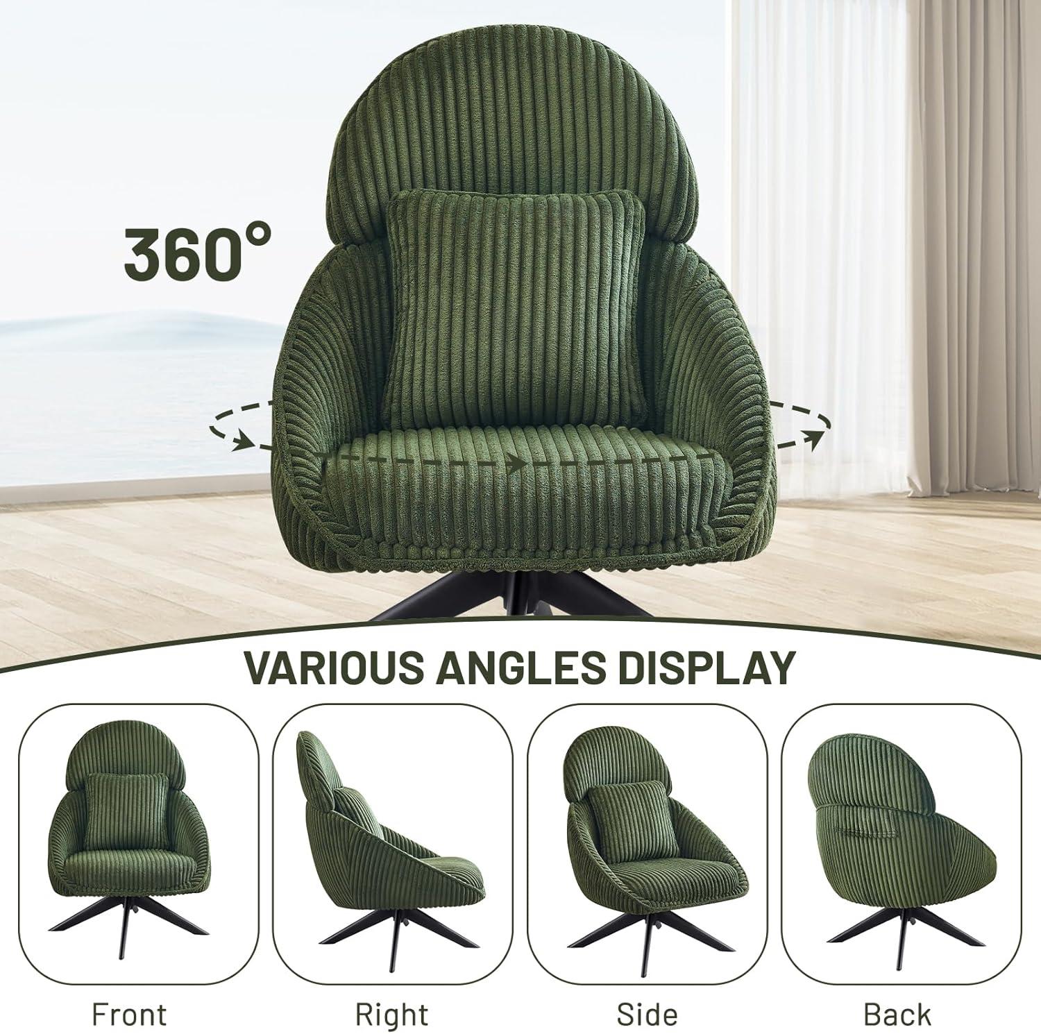 Furniliving Swivel Accent Chair with Pillow Corduroy Comfy Lounge Chair Lazy Chair for Living Room/Bedroom, Green