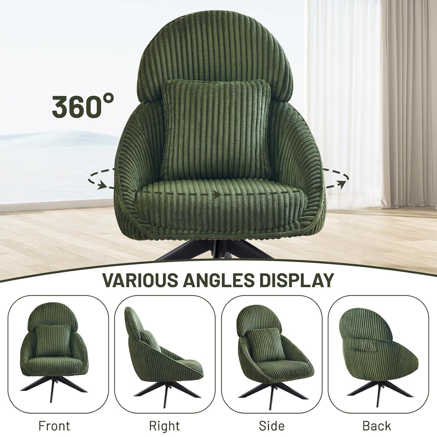 Furniliving Swivel Accent Chair with Pillow Corduroy Comfy Lounge Chair Lazy Chair for Living Room/Bedroom, Green