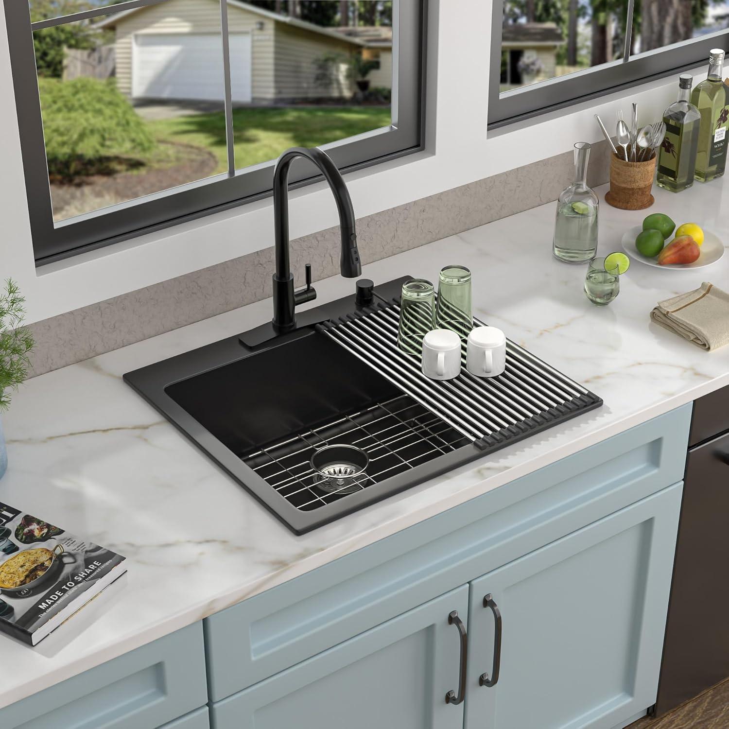 Quartz Kitchen Sink - 25X22" Black Granite Composite Drop In Kitchen Sink