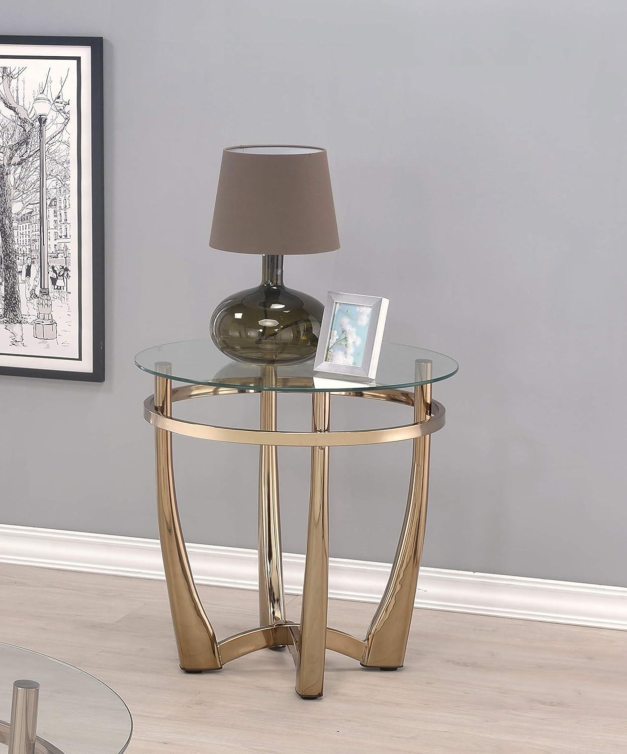 Champagne Metal and Clear Glass Round End Table, 23"