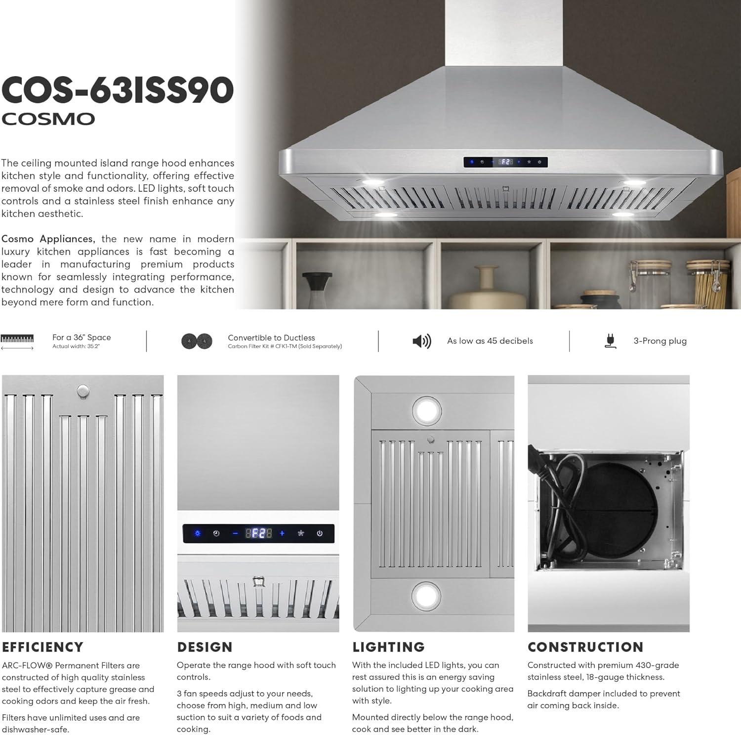Cosmo COS-63ISS90 36 in. 380 CFM Ducted Island Range Hood in Stainless Steel