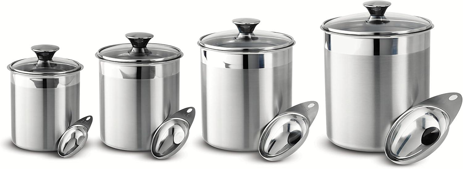 Stainless Steel 8-Piece Canister and Scoop Set with Glass Lids