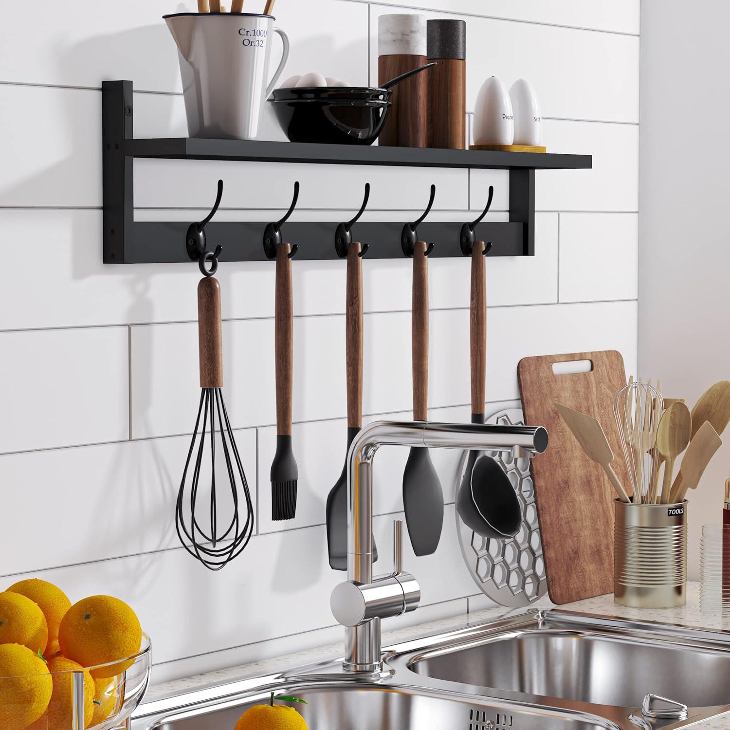 Black Wall-Mounted Shelf with 5 Dual Hooks