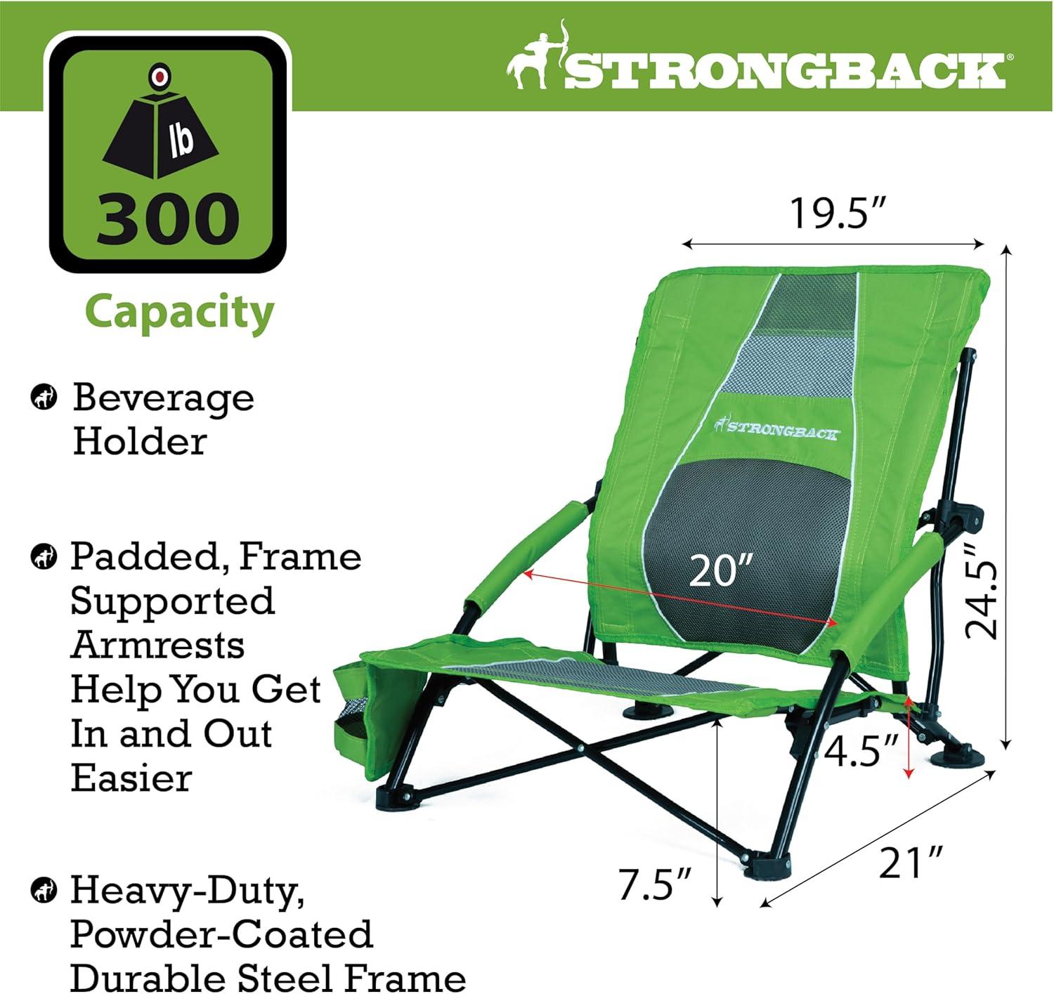 STRONGBACK Low Gravity Beach Chair with Lumbar Back Support, Folding Lime Green