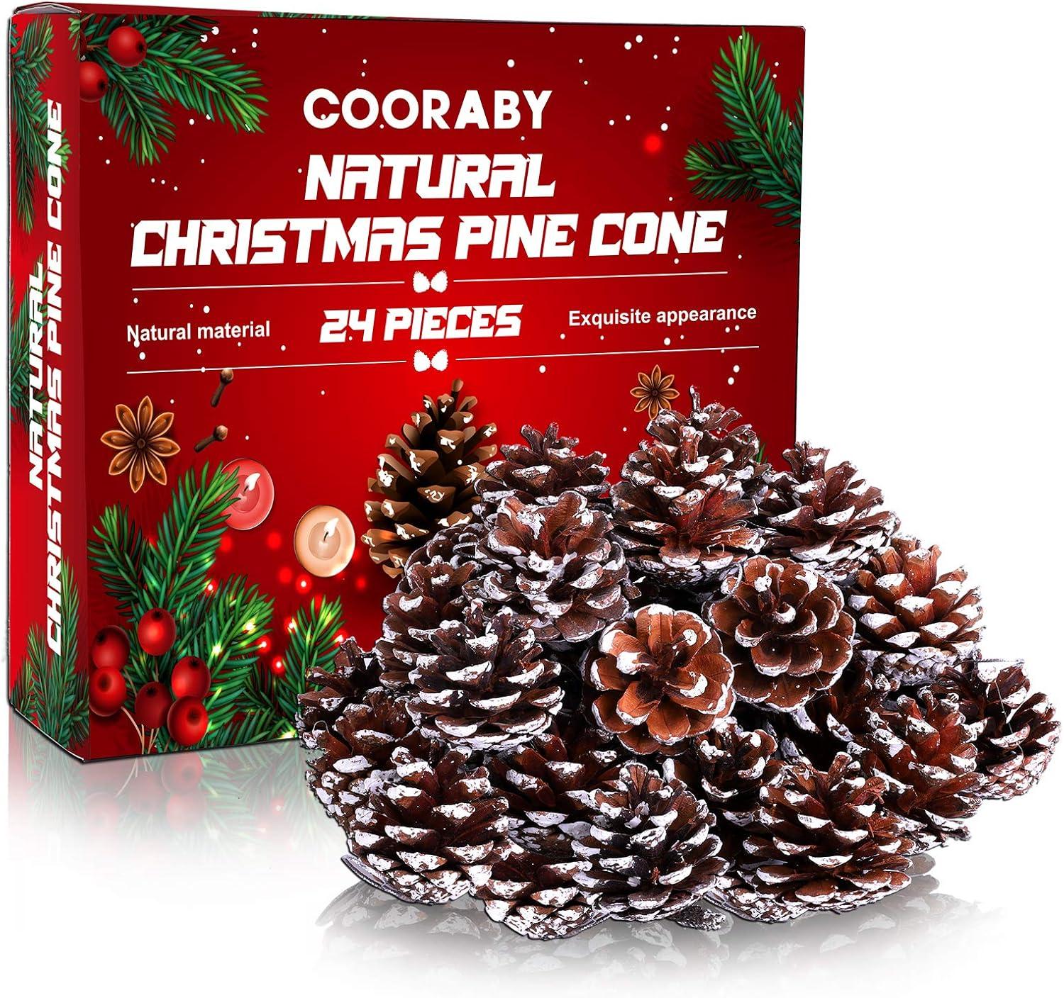 Natural Pinecones with White Tips and Silver String, 24 Pieces