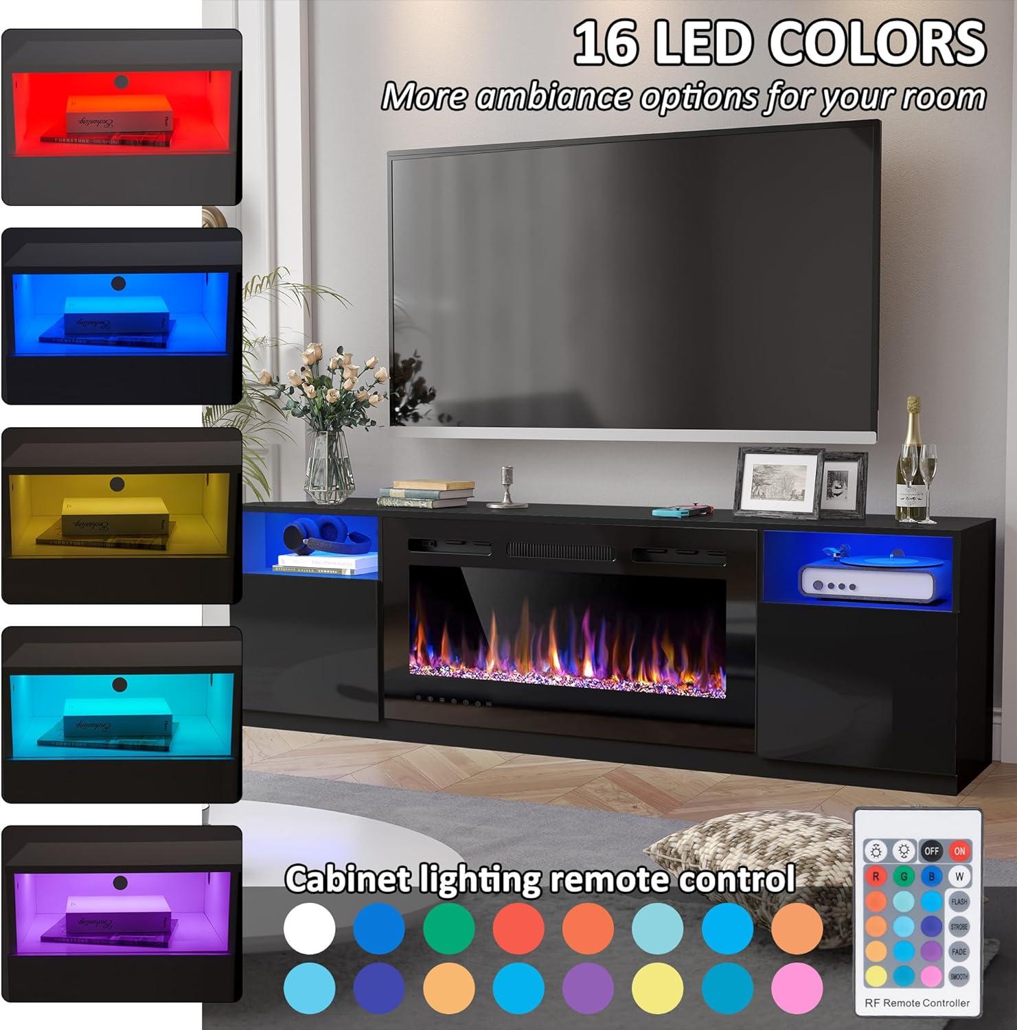 Sonegra 70" TV Stand with 36" Electric Fireplace, LED Light, for TVs up to 80", Black