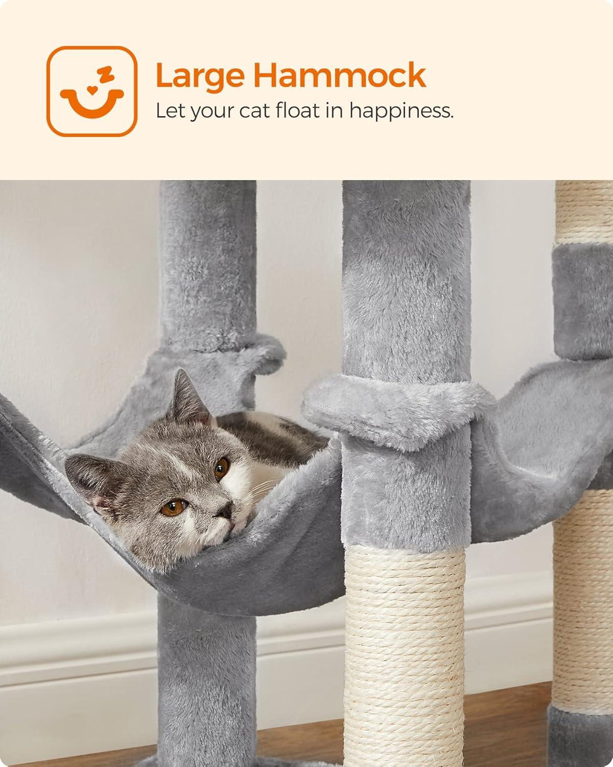 Feandrea 56.3'' Cat Tree Tower for Indoor Cats ,Multi-Level Cat Condo Cat Furniture with Scratching Posts, Perches, Hammock, Cave ,Light Gray