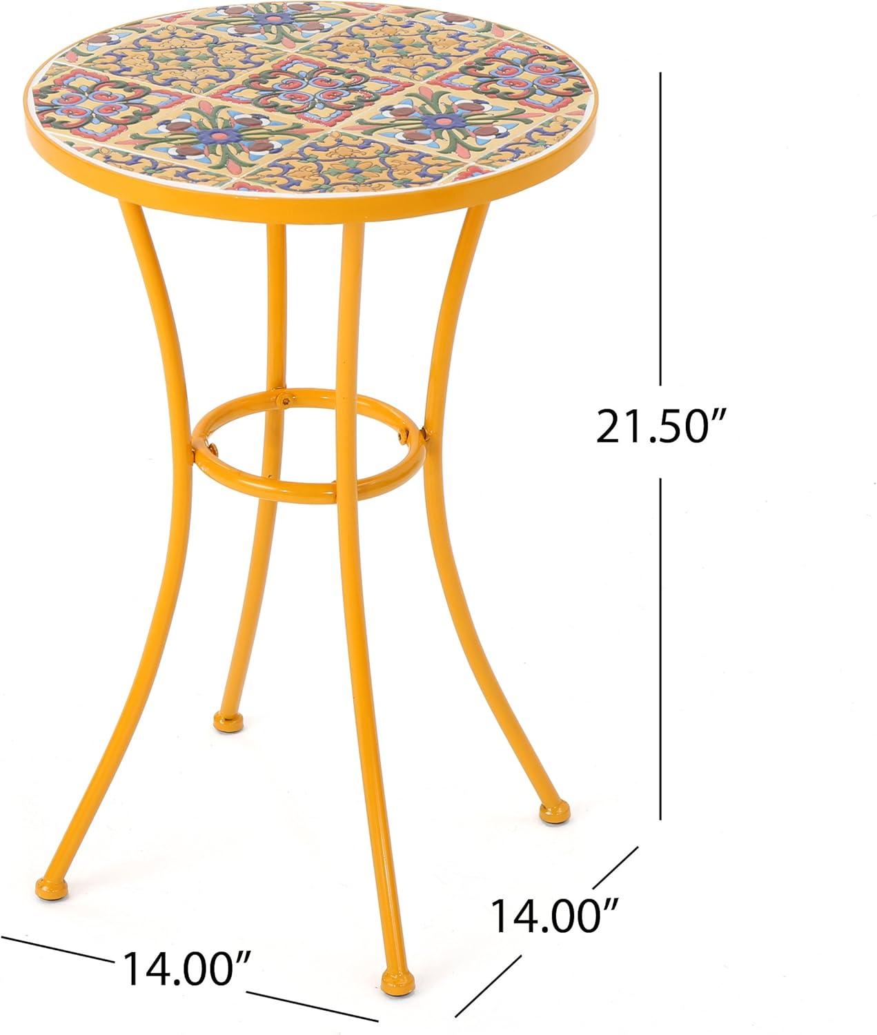 Yellow Ceramic Tile Mosaic Outdoor Side Table with Iron Frame